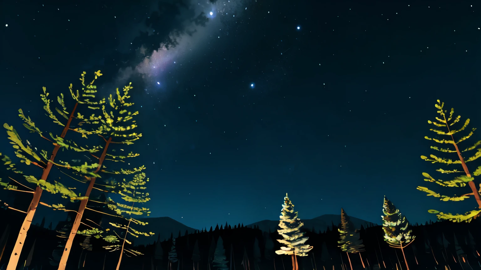 winter forest, night, stars in the sky