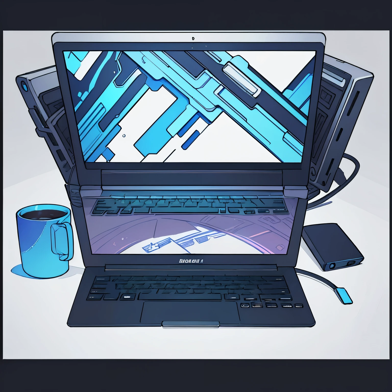 Detailed and intricately drawn laptop rendering with sharp focus and vivid colors. The laptop's sleek design is accentuated by the subtle reflections in its screen and the glossy finish of its body. The keys on the keyboard are sketched with utmost precision, each character distinctly visible. The power cord and other accessories are also illustrated with great attention to detail. The background is kept minimal to let the laptop take center stage, with soft shadows adding depth to the drawing. Colored pencils or digital art techniques are ideal for bringing out the rich textures and intricate details of this captivating artwork.