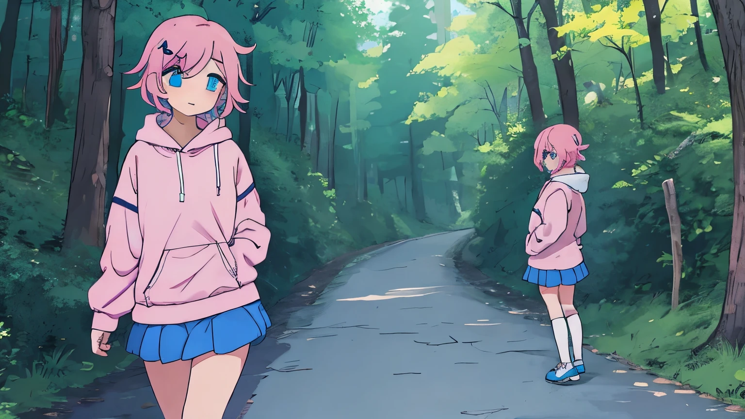 outdoors anime girl short pink hair pink hoodie choker hairclip blue eyes blue skirt white shoes white legwear walking sad sideways
