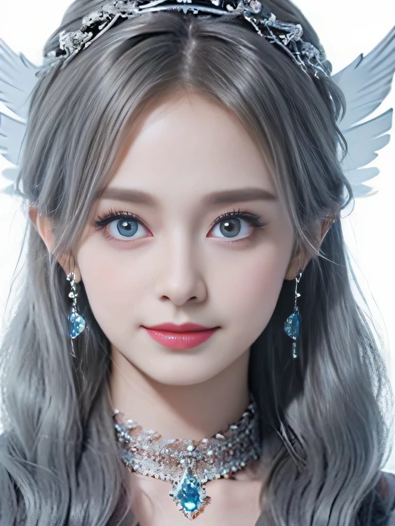 8K、she is a wind fairy、angel wings on the back、blue eyes、Dress that shows your collarbones、blue sky background、close up of face、gray hair、big feathers、Blue and white background、platinum decoration、platinum earrings、platinum necklace、プラチナsilver hair、platinum silver eyebrows、flashy decoration、Braid、white and blue、smile、clear white skin、well-groomed face、naganami、silver hair、expression of anger、she is angry、