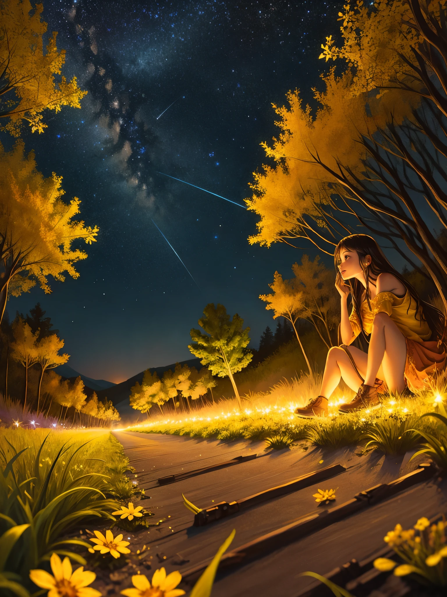firefly,summer night,Contrast with the stars in the sky