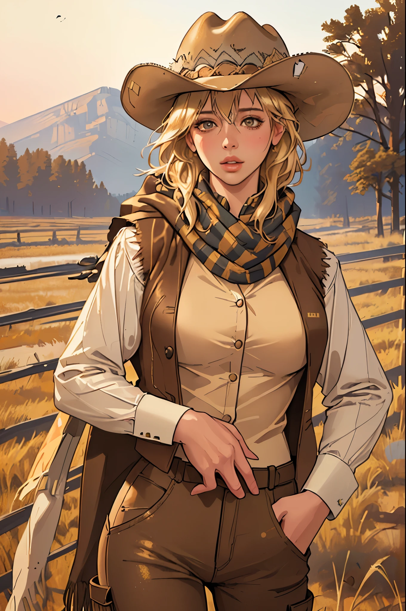 (highest quality, Super detailed, realistic:1.37), outdoor, girl, muddy, detailed and beautiful eyes, beautiful detailed lips, cowboy hat, vest with fringes, pants, scarf, With confidence, middle of chest, dusty farm landscape, golden hour lighting