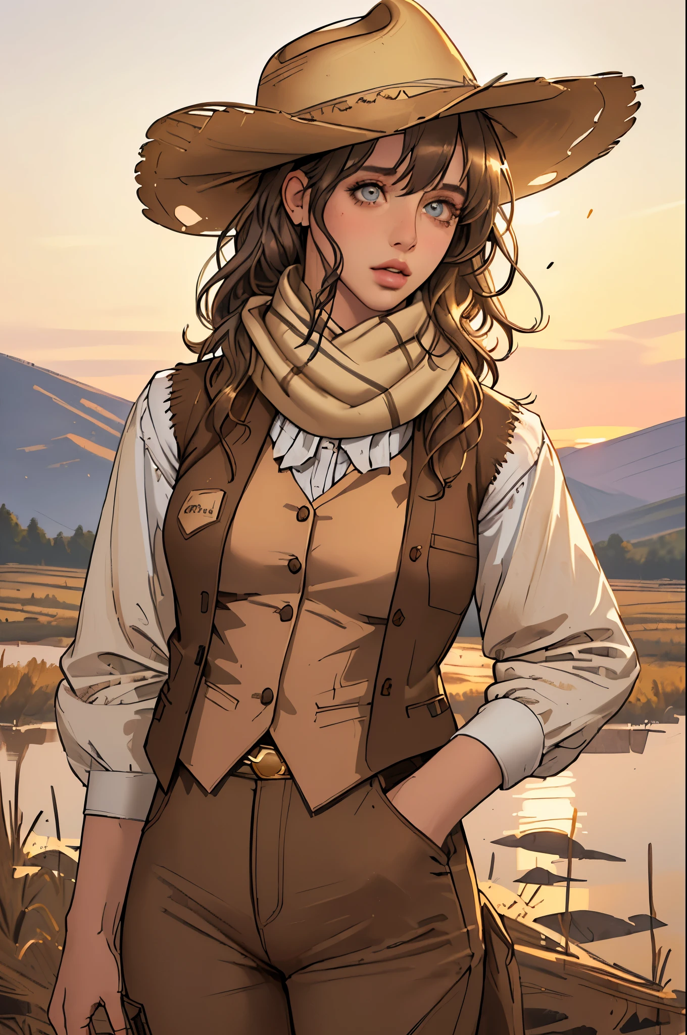 (highest quality, Super detailed, realistic:1.37), outdoor, girl, muddy, detailed and beautiful eyes, beautiful detailed lips, cowboy hat, vest with fringes, pants, scarf, With confidence, middle of chest, dusty farm landscape, golden hour lighting
