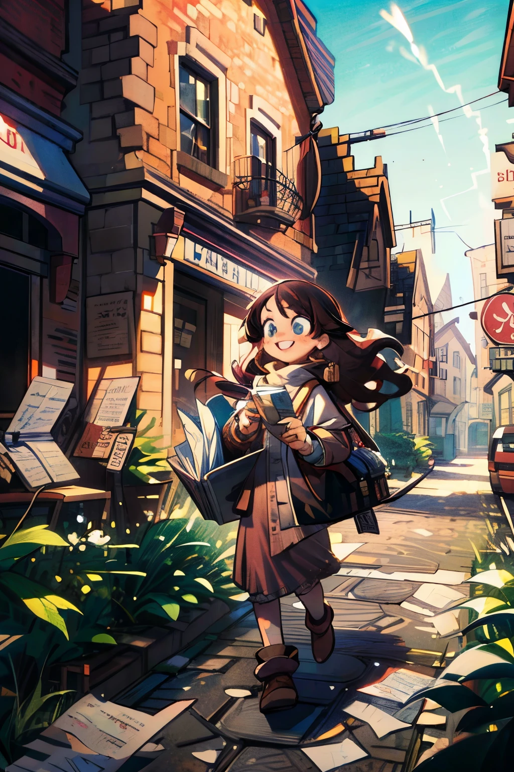 masterpiece, 4k, detailed, extreme detailed, hd,girl,smile face,outdoor,brown hair,blue eyes,town,handing you a paper,long hair,blight,shining