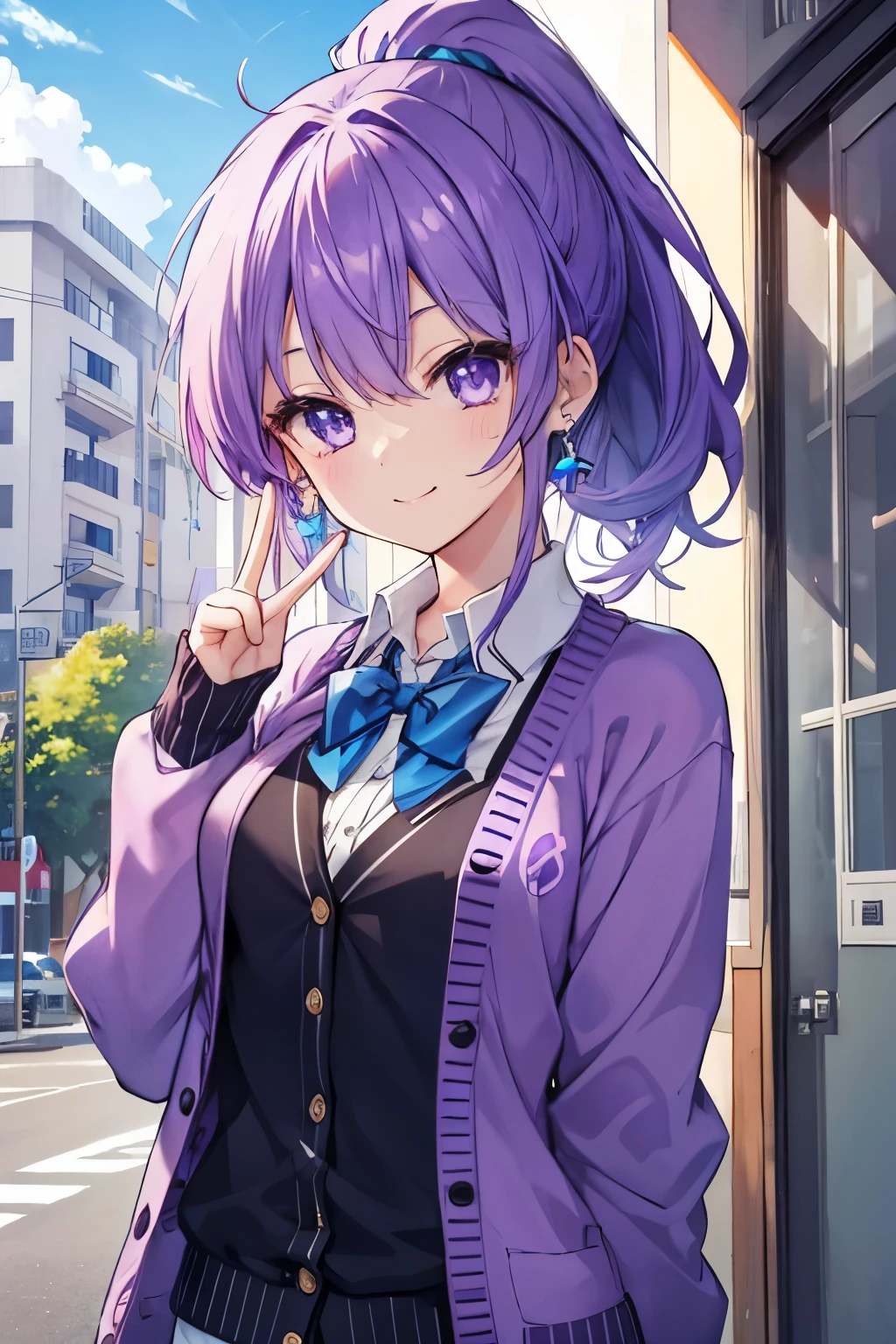 purple hair purple eyes、 girl、small breasts、Ponytail、smile、gal girl、wearing cute earrings、uniform、knit cardigan、Has eye highlights、School、blue sky、doing peace