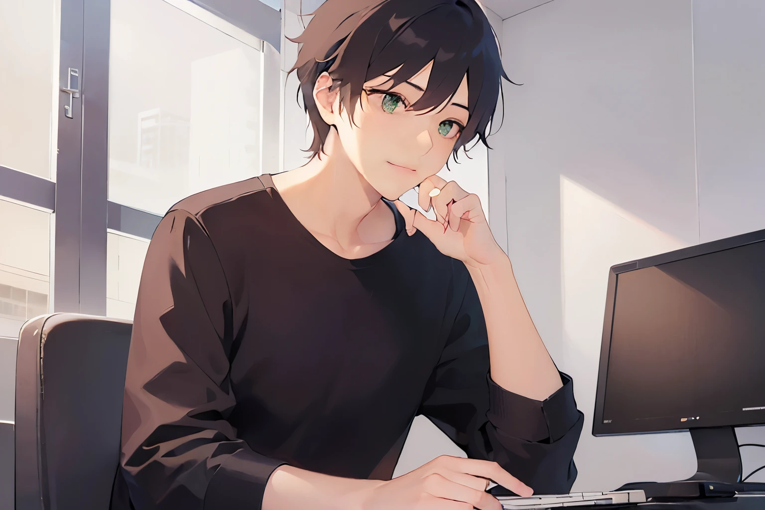 (looking away:1.5)、masterpiece、highest quality、(25 year old male:1.5) and (brown short hair) and (green eyes), (plain black t-shirt) and (long sleeve)、sitting、smile、The background is an office、operating a computer、(Alone:1.5)、Upper body is shown、