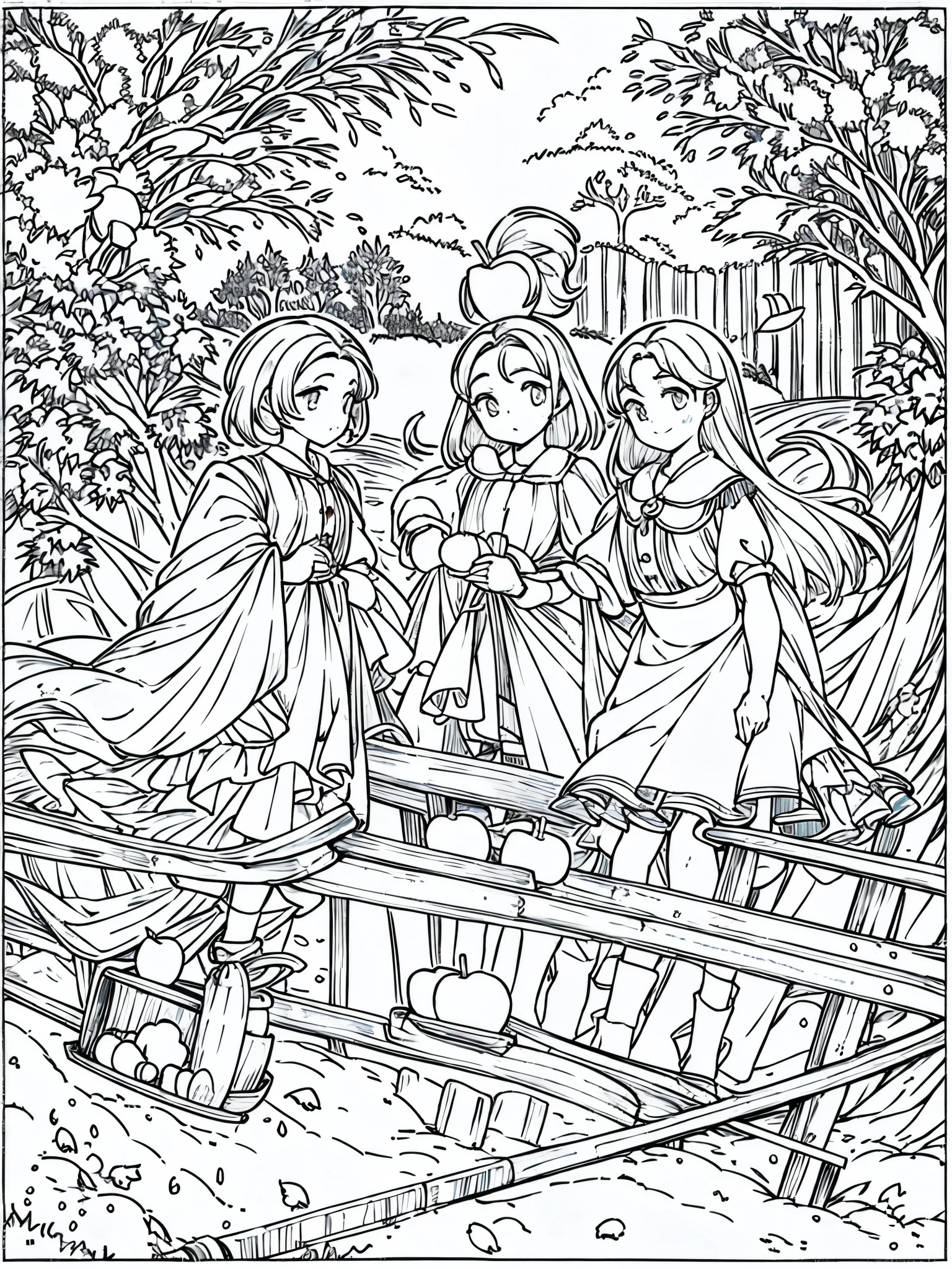 Snow White is picking apples in an apple tree using a ladder, and carrying a basket containing apples, under the apple tree there are 7 dwarfs who are looking,