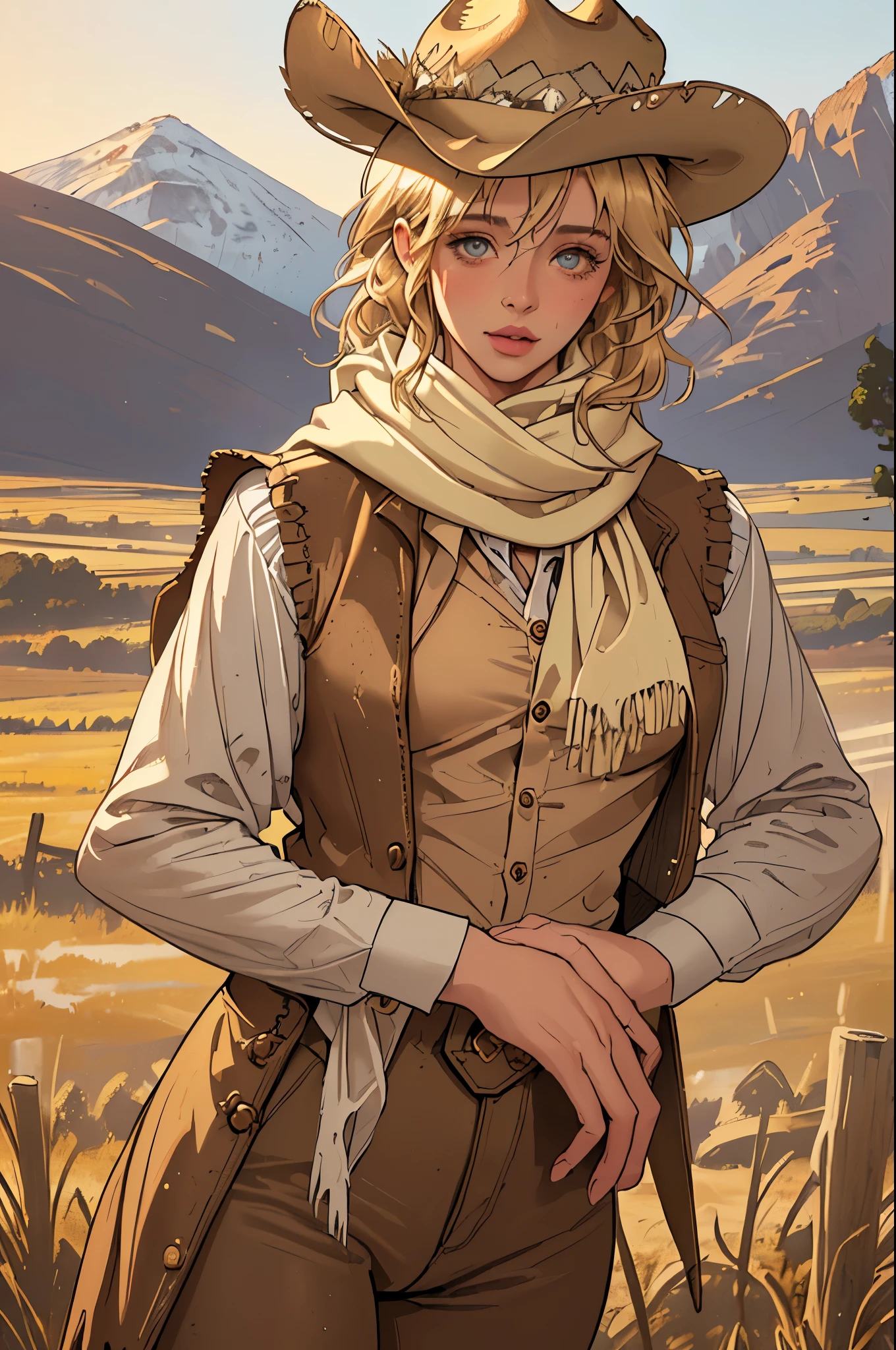 (highest quality, Super detailed, realistic:1.37), outdoor, girl, muddy, detailed and beautiful eyes, beautiful detailed lips, cowboy hat, vest with fringes, pants, scarf, With confidence, middle of chest, dusty farm landscape, golden hour lighting