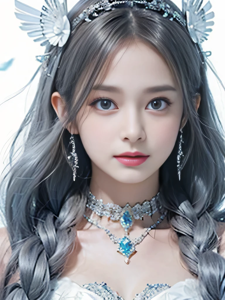 8K、彼女はWindの妖精、angel wings on the back、blue eyes、Dress that shows your collarbones、blue sky background、close up of face、gray hair、big feathers、Blue and white background、platinum decoration、platinum earrings、platinum necklace、プラチナsilver hair、platinum silver eyebrows、flashy decoration、Braid、white and blue、smile、clear white skin、well-groomed face、naganami、silver hair、expression of anger、she is angry、Wind、強Wind、Windでなびく髪、