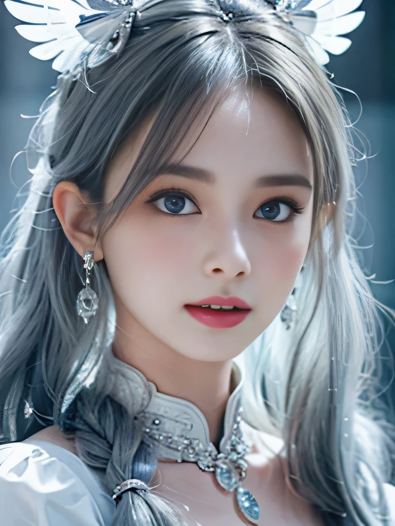 8K、彼女はWindの妖精、angel wings on the back、blue eyes、Dress that shows your collarbones、blue sky background、close up of face、gray hair、big feathers、Blue and white background、platinum decoration、platinum earrings、platinum necklace、プラチナsilver hair、platinum silver eyebrows、flashy decoration、Braid、white and blue、smile、clear white skin、well-groomed face、naganami、silver hair、expression of anger、she is angry、Wind、強Wind、Windでなびく髪、