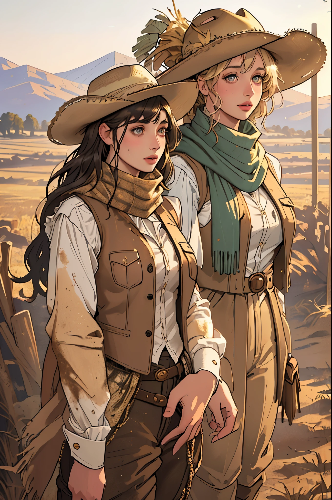 a sexy old west girl red dead redemption style with very tight cleavage, with a background of a meadow behind her