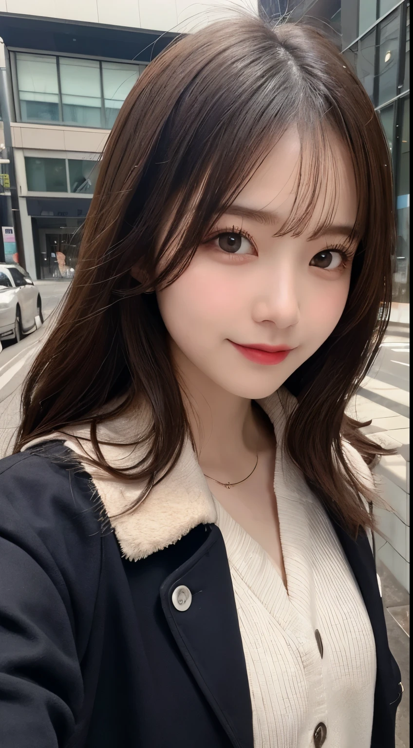 table top, highest quality, shape, Super detailed, finely, High resolution, 8k wallpaper, 完璧なダイナミックな構shape, beautiful and detailed eyes, Gorgeous black fluffy Tokyo winter clothes,ランダムなcute髪,,natural color lip, bold sexy pose,smile、20 year old girl、cute、sexy shot looking at camera,Always blur the background,perfect and beautiful face,Take only the face,Beautiful and dense face、slim face and style,Big eyes、Do gal makeup,small face,Wearing a luxury brand spring trench coat