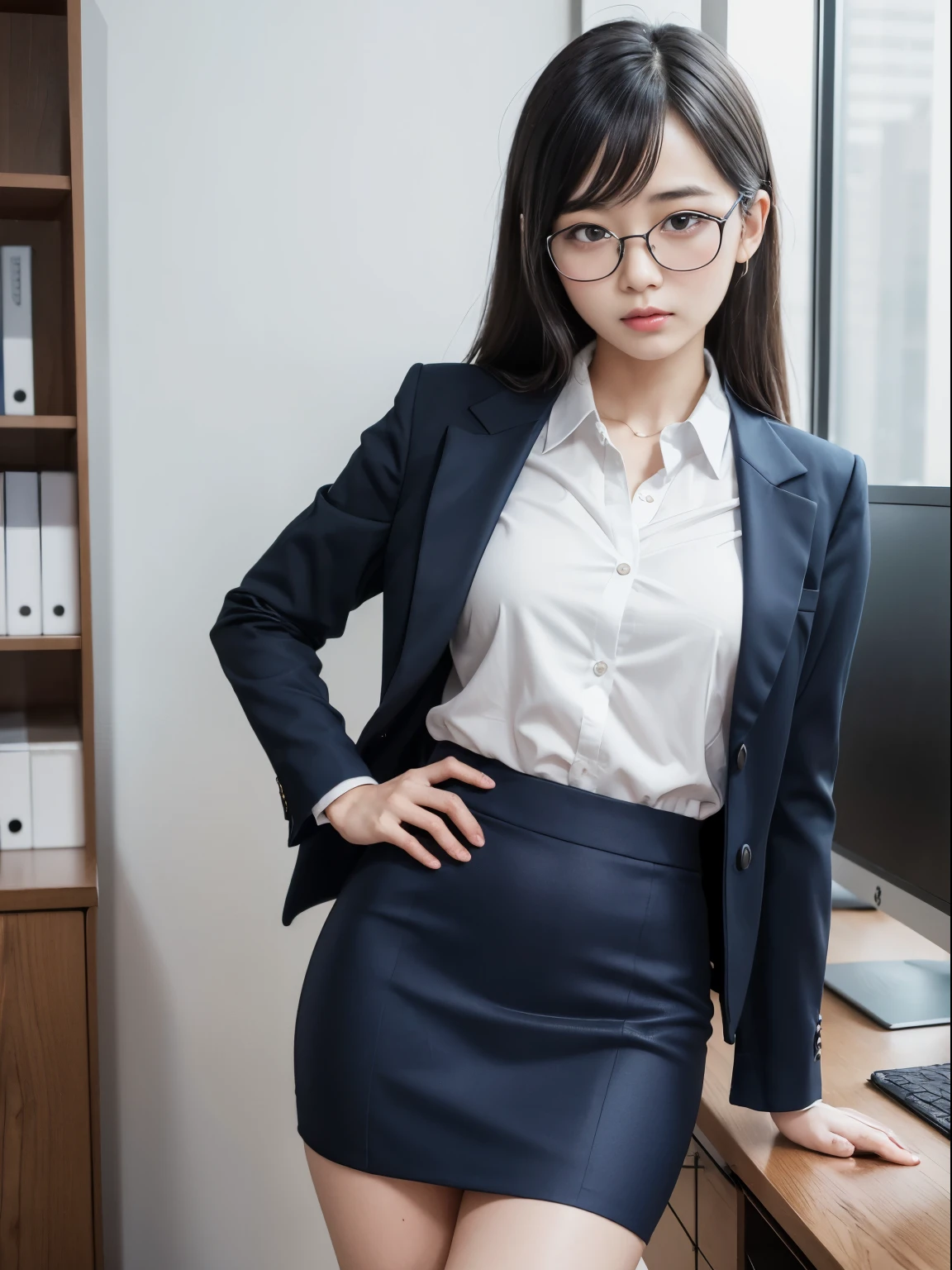 (RAW Photos, Highest quality), (Realistic, photo-Realistic:1.3), masterpiece, Very delicate and beautiful, Very detailed, CG, Unity , 2k wallpaper, wonderful, In detail, A light smile, Very detailed CG Unity 8k wallpaper, Large file size, Very detailedな, High resolution, Absurd, Soft Light, (((Medium Hair:1.3), Short bangs, Floating Hair NovaFrogStyle)), Beautiful detailed girl, Detailed fingers, Very detailed eyes and face, Beautiful and detailed nose, Beautiful details, Long eyelashes, Light on the face, Show Viewer,((Office Suits:1.5)), (((Roll up the skirt yourself))), (I lifted it myself), ((Showing panties:1.5)) , Panty Focus, One Girl, cute, young, Adult face, (whole body:1.3), Realistic face, Realistic body, Beautiful thigh detail, Simple panties