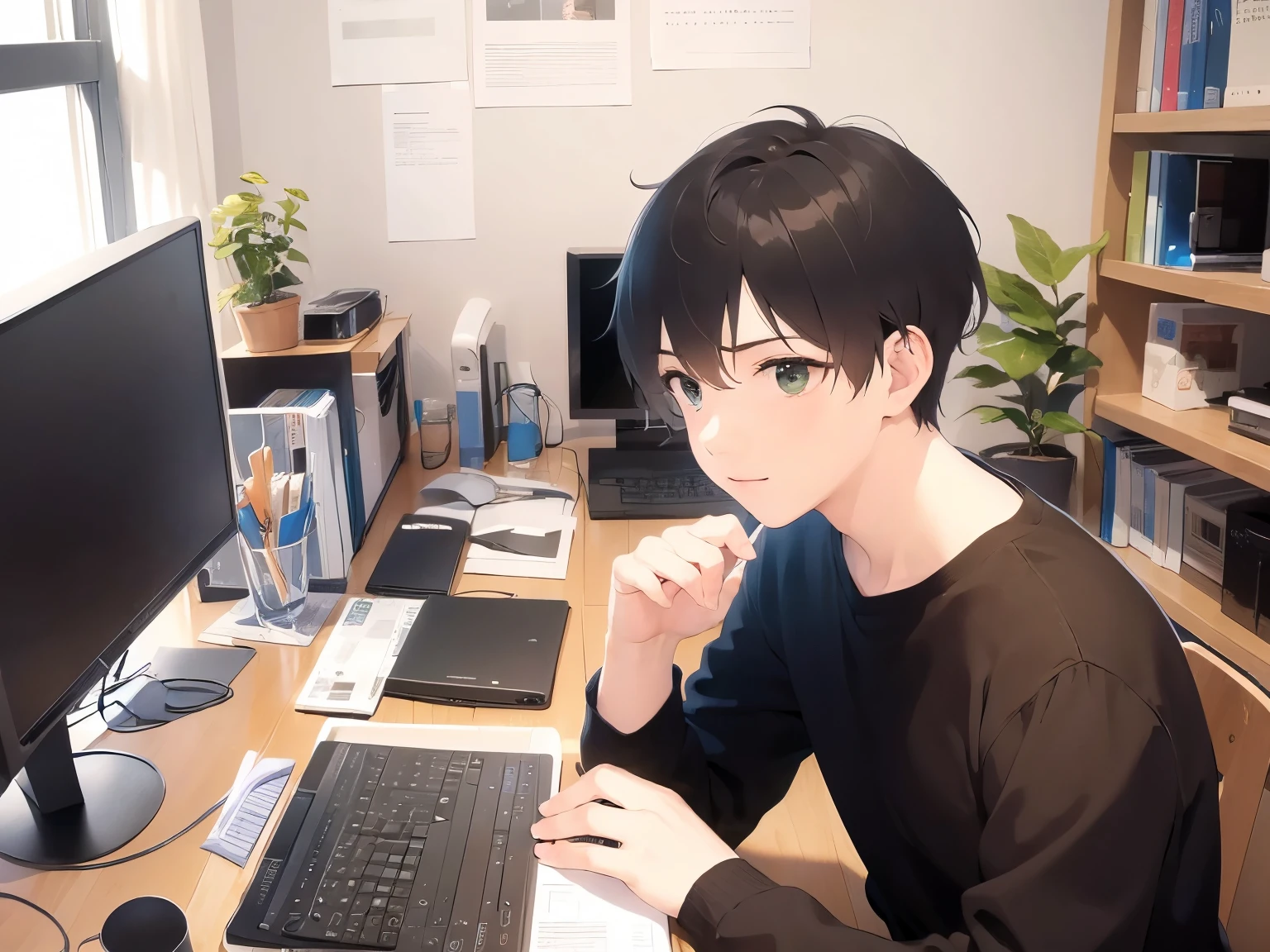 (looking away:1.5)、masterpiece、highest quality、(25 year old male:1.5) and (brown short hair) and (green eyes), (plain black t-shirt) and (long sleeve)、sitting、smile、The background is an office、operating a computer、(Alone:1.5)、Upper body is shown、