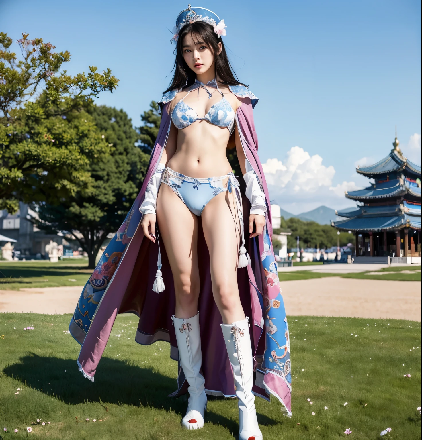 beautiful and delicate woman,The eyes and face are very detailed, exquisite eyes, super detailed, High resolution, The content is very detailed,best quality,EnLightenment,unity,8k wallpaper,masterpiece,best quality,imagine，1 girl，Wear sexy blue and white bikini armor，Metal style, big breasts, high cut underwear, 盔甲有圖案Metal style的, Large blue and white priest&#39;s cloak，priest hat，standing posture，long legs，Put on pink blue and white boots，look at the audience，facing the audience，flowing long hair，Surreal 8000g，Impeccable，masterpiece，professional artwork，famous artwork，Light，movie bloom，perfect face，pretty face，fantasy，Dreamy and magical，not real，intricate details，Exquisite pattern…Korean woman’s face
