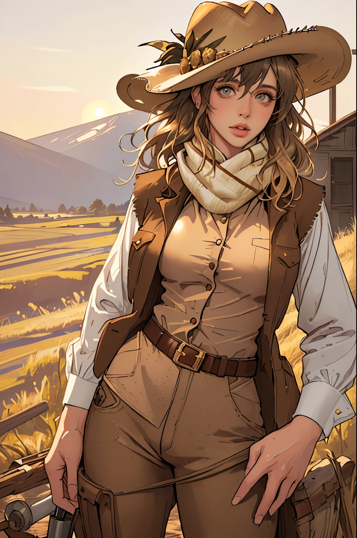 (highest quality, Super detailed, realistic:1.37), outdoor, girl, muddy, detailed and beautiful eyes, beautiful detailed lips, cowboy hat, vest with fringes, pants, scarf, With confidence, middle of chest, dusty farm landscape, golden hour lighting