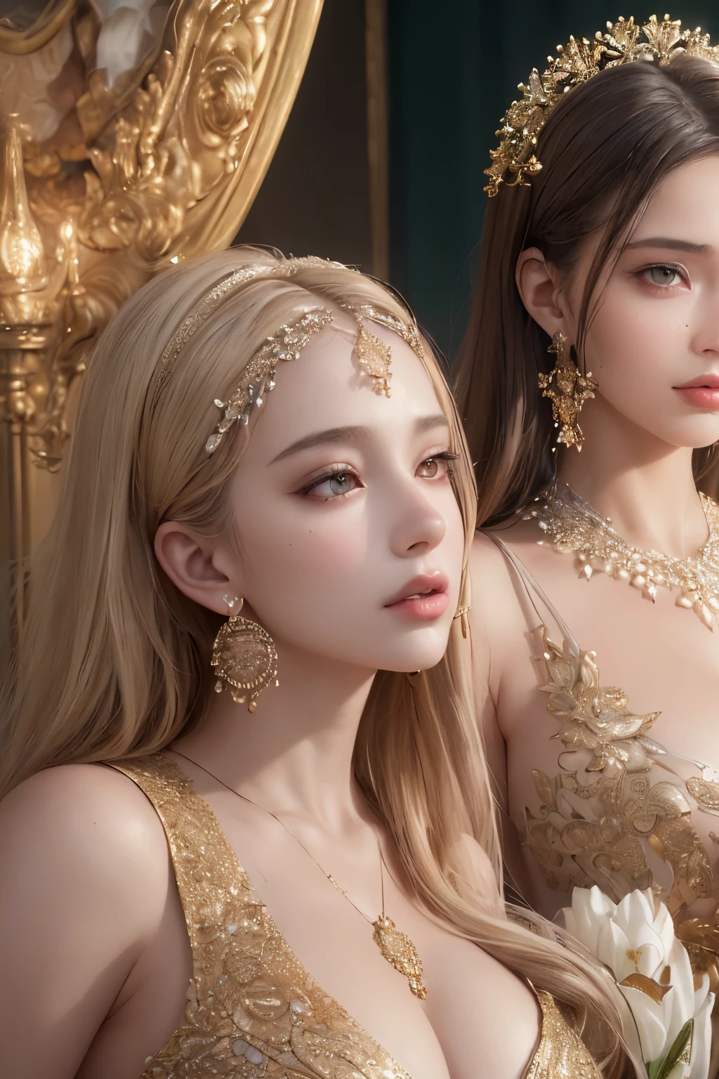 ((Realistic lighting, top-quality, 8K, masterpiece: 1.3), Clear focus: 1.2, Adorned beauties: 1.4, Highly detailed facial and skin texture: 1.3, Hyperdetailed faces: 1.1, Three-dimensional sense: 1.1, Sexy: 1.2, Exposed: 1.1, Temperament: 1.0,

Three stunningly beautiful women adorned in luxurious attire, showcasing their captivating beauty under the soft, realistic lighting. Their faces, illuminated in high definition, boast intricately detailed features and lumin
