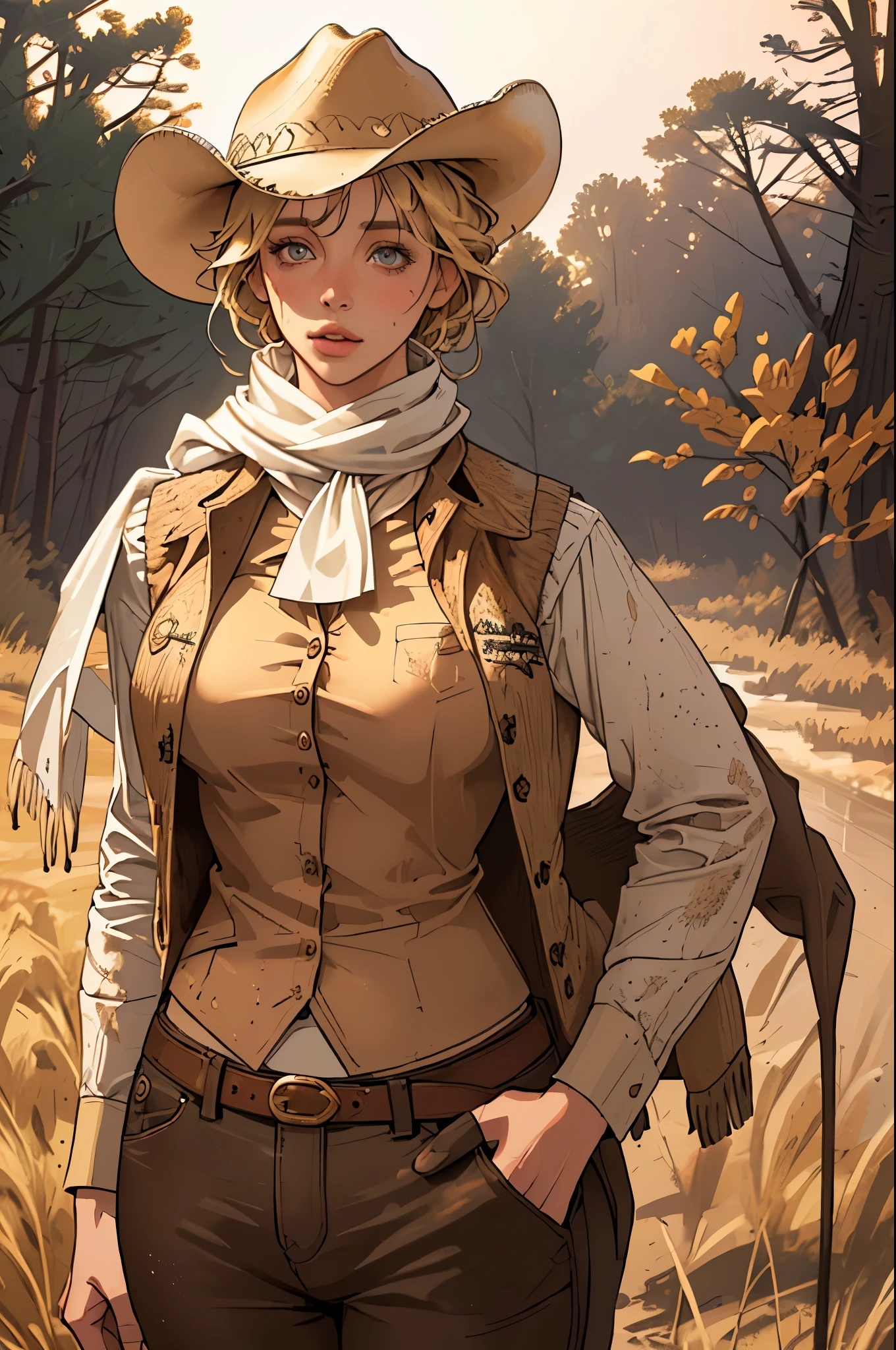 (highest quality, Super detailed, realistic:1.37), outdoor, girl, muddy, detailed and beautiful eyes, beautiful detailed lips, cowboy hat, vest with fringes, pants, scarf, With confidence, middle of chest, dusty farm landscape, golden hour lighting