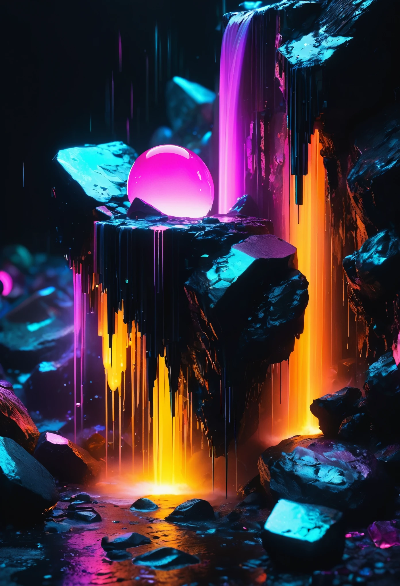 surrealism,lumining colored rocks abstract 3d object holographic fabric  neon back light,waterfall of luminous paint,dusts,a lot of small bubbles,small elements,cracks,crystals,plastic film,cybernetic prosthesis,lumining elements,well -developed details,absolutely black background,old battered clothes made of black  linen,hyper realistic picture,8k,photo,depth of field,the background is blurred,cyberpunk,beeple,hoodas,neon lights,