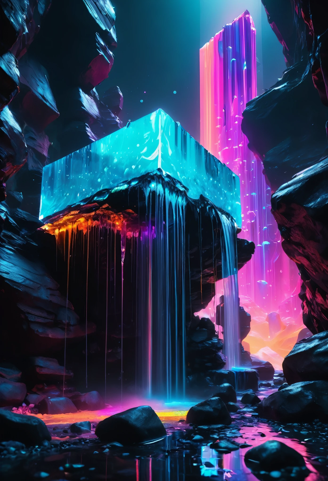 surrealism,lumining colored rocks abstract 3d object holographic fabric neon back light,waterfall of luminous paint,dusts,a lot of small bubbles,small elements,cracks,crystals,plastic film,cybernetic prosthesis,lumining elements,well -developed details,absolutely black background,old battered clothes made of black linen,hyper realistic picture,8k,photo,depth of field,the background is blurred,cyberpunk,beeple,hoodas,neon lights,