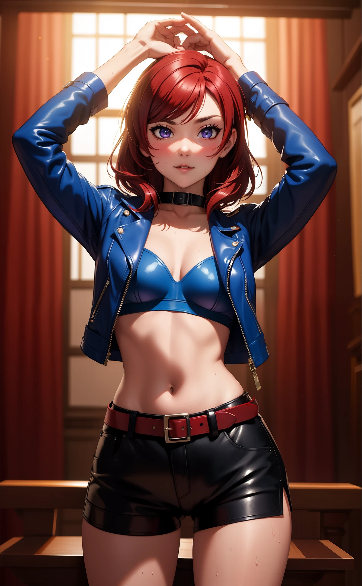 (Masterpiece, Best Quality, High Quality), facing viewer,volumetric lighting, illustration, beautiful, tight , Blushing, looking at viewer, blue leather bra top, blue leather small jacket, blue leather shorts,solo, posing for picture, seductive, perfect lighting, perfect shadows, nishikino maki, purple eyes,red hair, arms up , belt, wet and moist skin