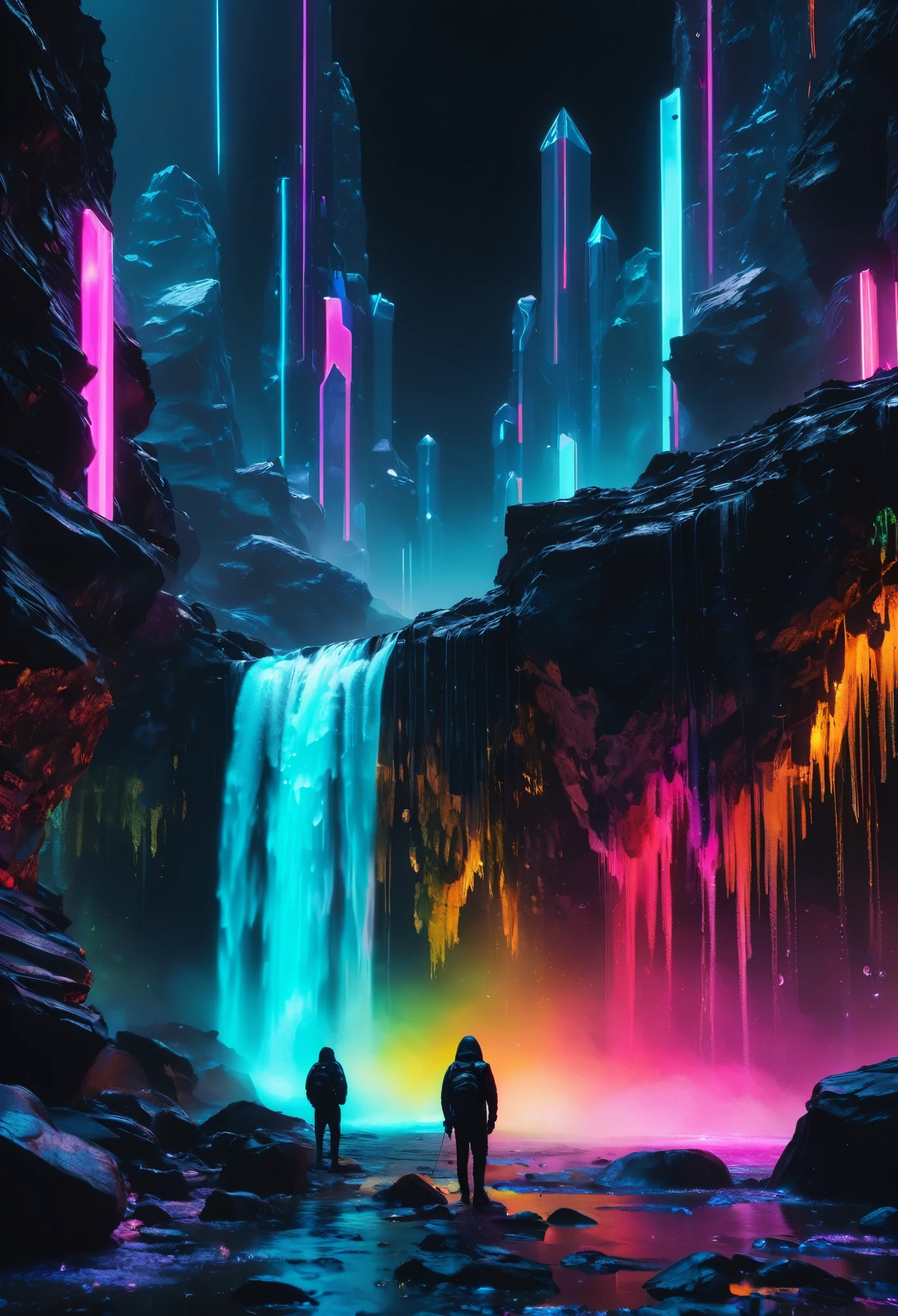 surrealism,lumining colored rocks abstract 3d object holographic fabric neon back light,waterfall of luminous paint,dusts,a lot of small bubbles,small elements,cracks,crystals,plastic film,cybernetic prosthesis,lumining elements,well -developed details,absolutely black background,old battered clothes made of black linen,hyper realistic picture,8k,photo,depth of field,the background is blurred,cyberpunk,beeple,hoodas,neon lights,