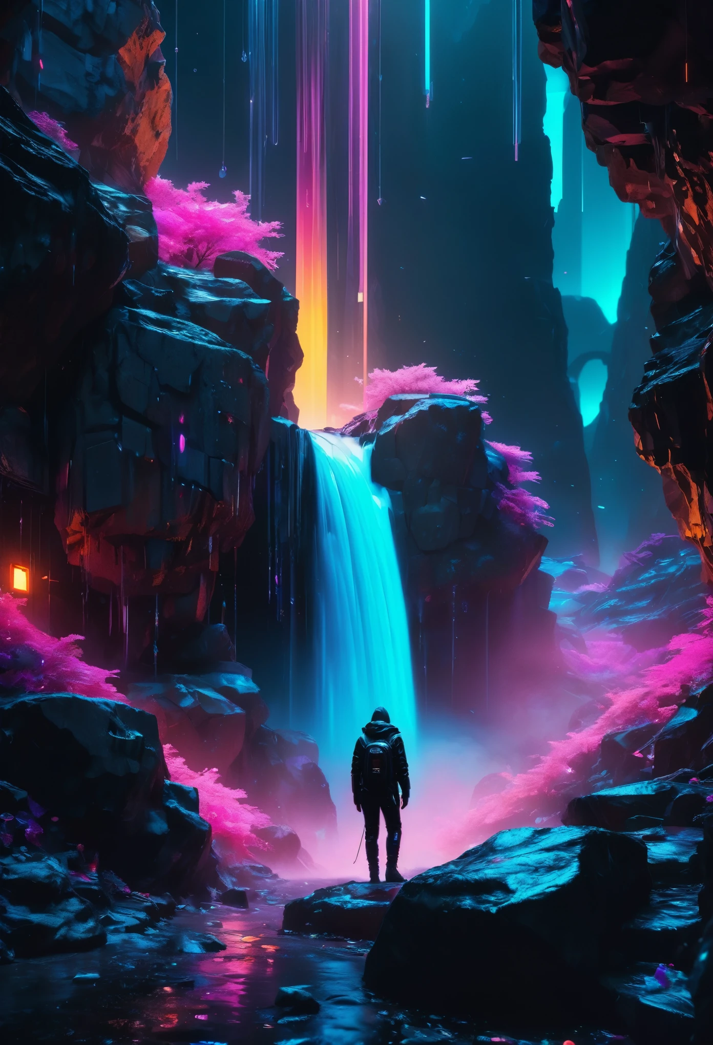 surrealism,lumining colored rocks abstract 3d object holographic fabric neon back light,waterfall of luminous paint,dusts,a lot of small bubbles,small elements,cracks,crystals,plastic film,cybernetic prosthesis,lumining elements,well -developed details,absolutely black background,old battered clothes made of black linen,hyper realistic picture,8k,photo,depth of field,the background is blurred,cyberpunk,beeple,hoodas,neon lights,