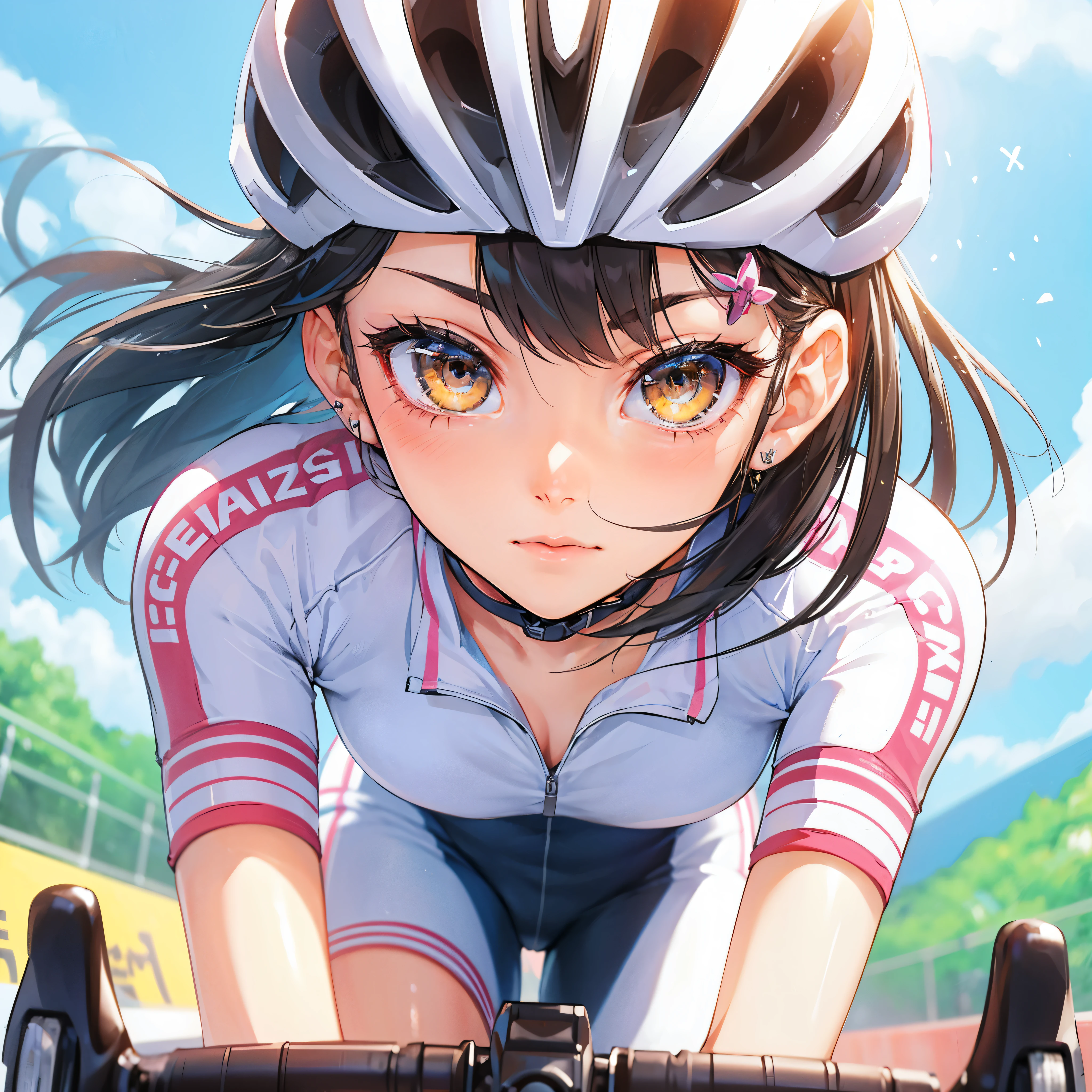 high quality,hd,16k,sharp lines,1 girl,Female cyclists ,cute face, medium breasts, beautiful feet,At the cycling venue,focus girl,detailed beautiful face,fine clothes,beautiful eyes,nice,dynamic angle