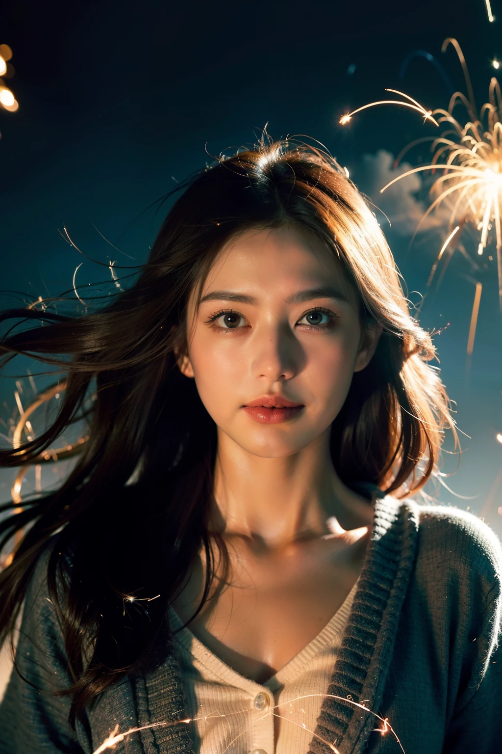 1 girl, Smile, iris, dramatic angle, space, (floating colorful sparks:1.3), dramatic lighting, chiaroscuro, evoke depth