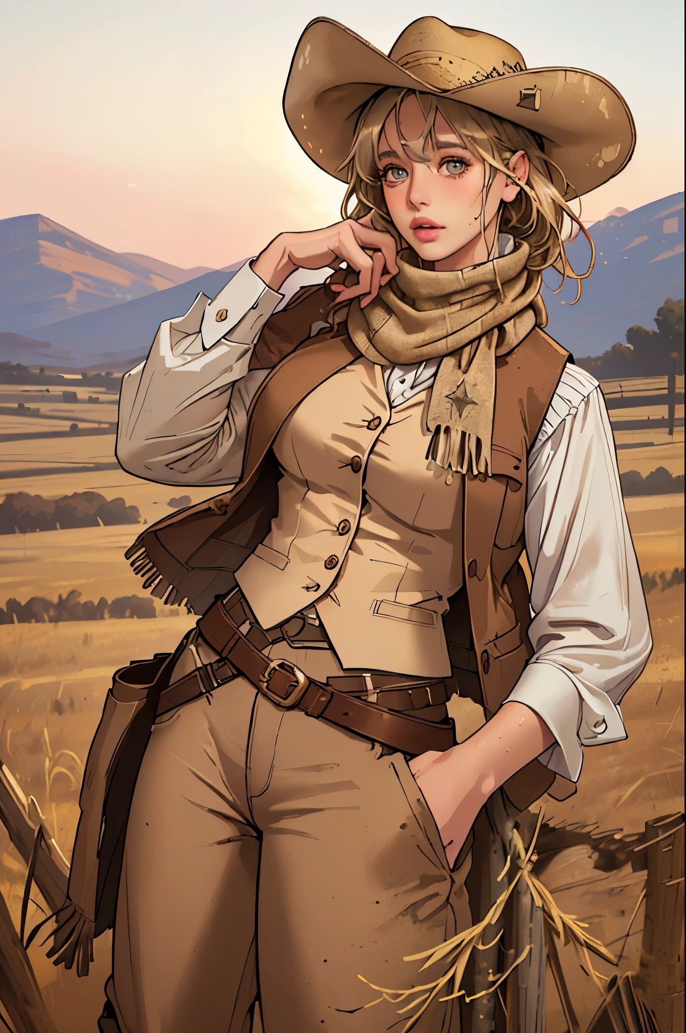 (highest quality, Super detailed, realistic:1.37), outdoor, girl, muddy, detailed and beautiful eyes, beautiful detailed lips, cowboy hat, vest with fringes, pants, scarf, With confidence, middle of chest, dusty farm landscape, golden hour lighting