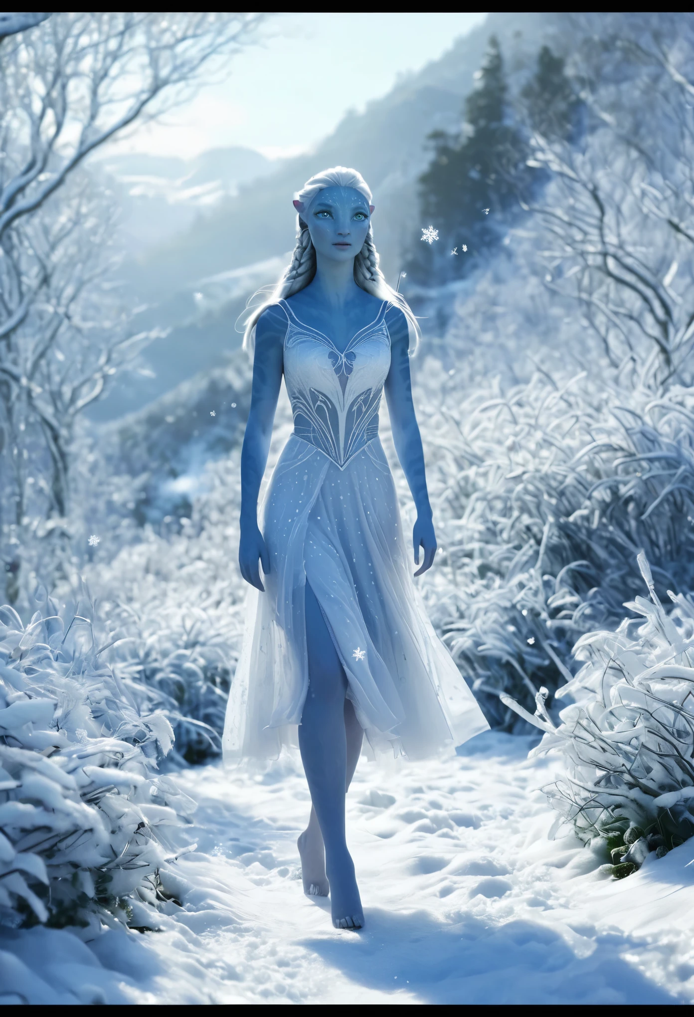 (best quality,4k,8k,highres,masterpiece:1.2),ultra-detailed,(realistic,photorealistic,photo-realistic:1.37),avatar character,female,wearing white short dress,walking through snowy landscape,snow-covered trees,glistening snowflakes,dreamy atmosphere,soft and gentle lighting,pure white color palette,subtle blue hues,delicate footsteps in the snow,icy breath in the air,serene expression,flowing silver hair,captivating blue eyes,tranquil winter scene,whispering winds,peaceful solitude,cold and crisp air,majestic mountains in the distance,ethereal beauty,natural beauty enhanced by light and shadows,sublime harmony between character and nature,captivating and serene