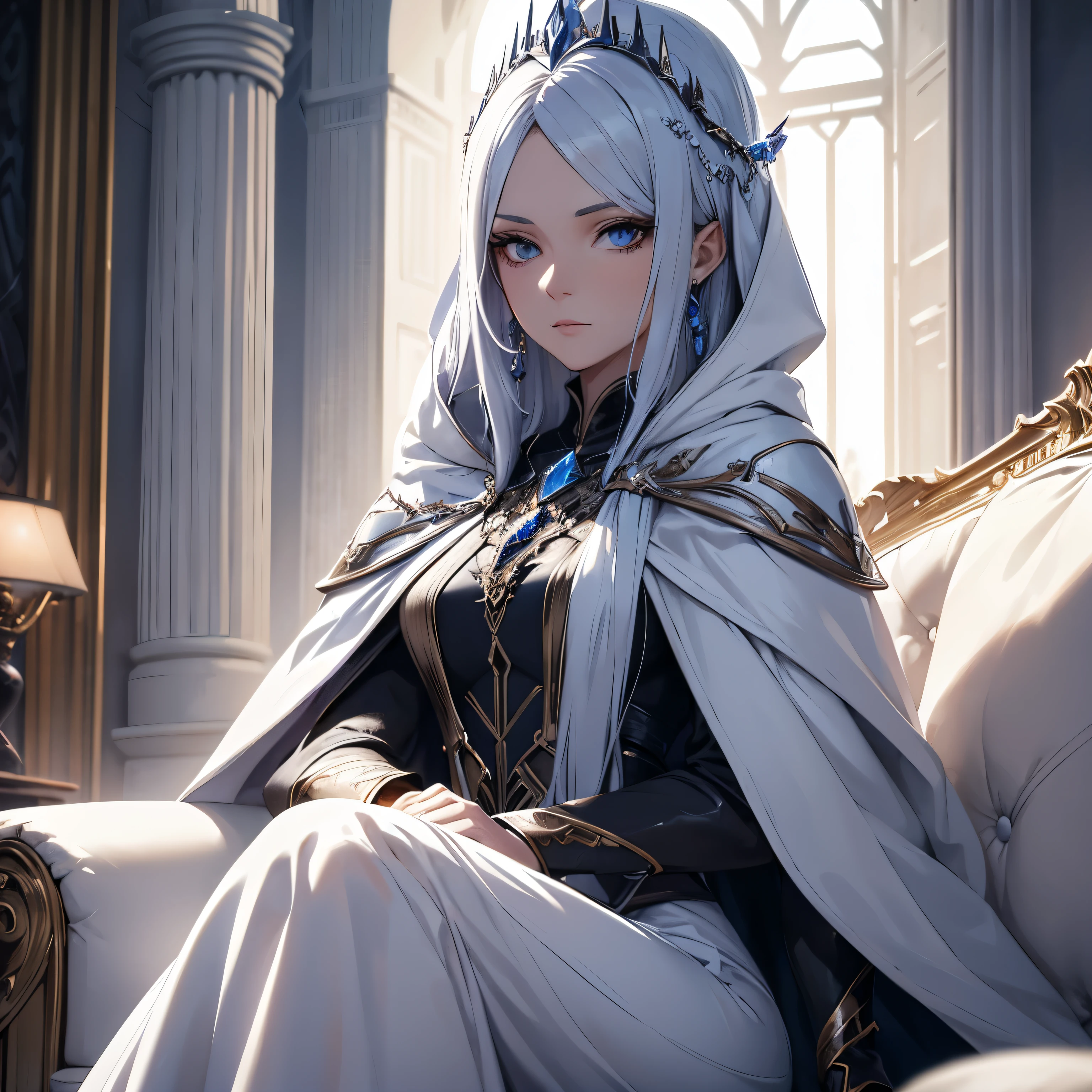 Female Archmage, Crystal Archmage, Crystal Magic User, [detailed, close up, detailed face, detailed background], High ranking female mage, wearing white cloak, dark fantasy, OC, mature, dark and realistic, human (Background: Living room, sitting on a sofa)