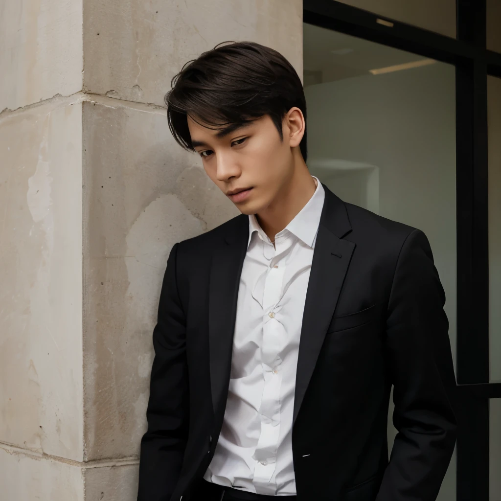 1boy,solo,asian young man,3 days beard,skinny,twink,normal body,, black suit jacket and tie , full body ,full height , against the wall
