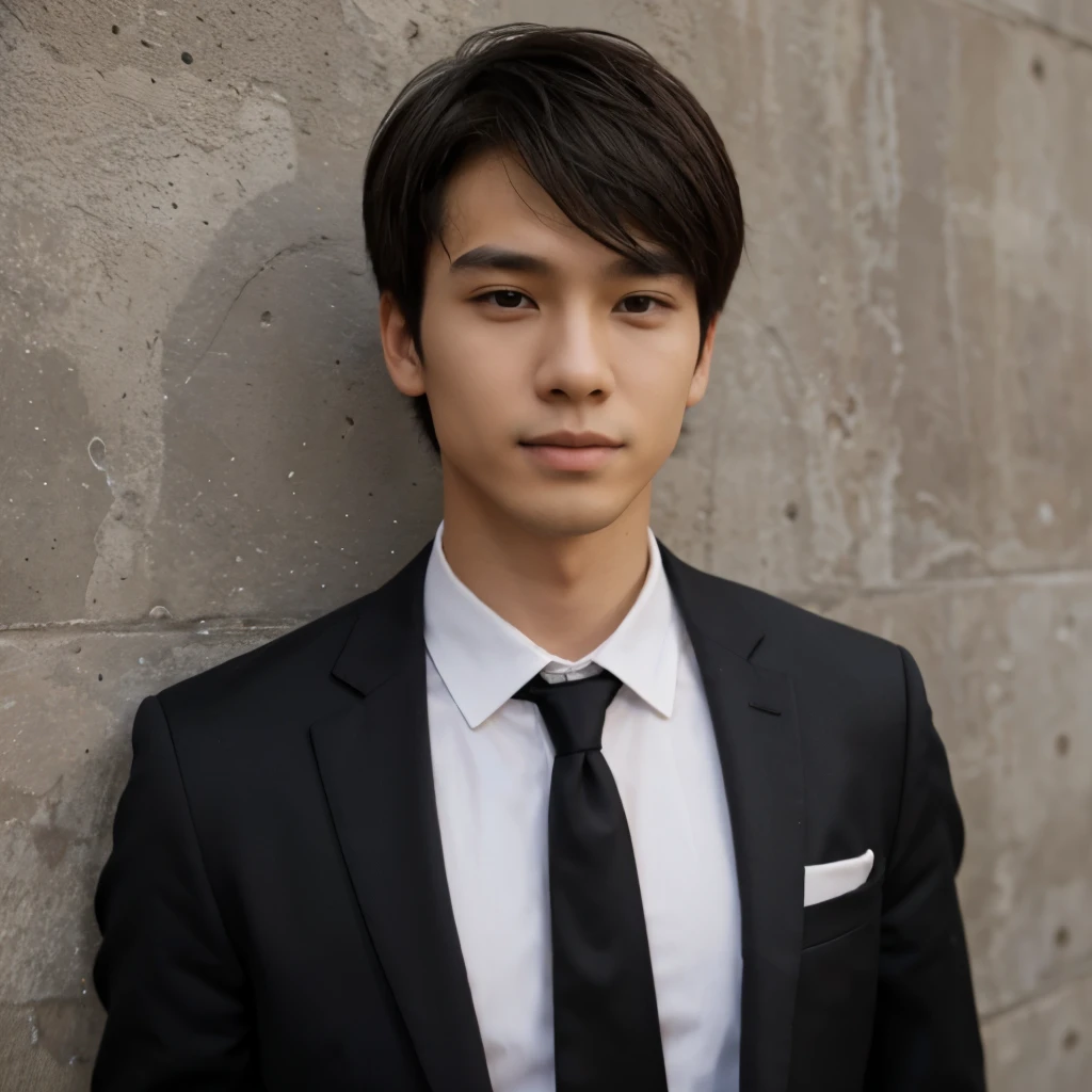 1boy,solo,asian young man,3 days beard,skinny,twink,normal body,, black suit jacket and tie , full body ,full height , against the wall