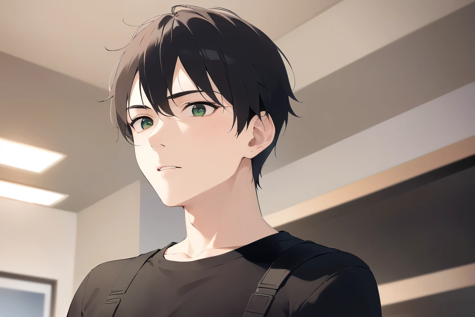 masterpiece、highest quality、(25 year old male:1.5) and (brown short hair) and (green eyes), (plain black t-shirt) and (long sleeve)、serious expression、Are standing、Background is an office room、(Alone:1.5)、Upper body is shown、