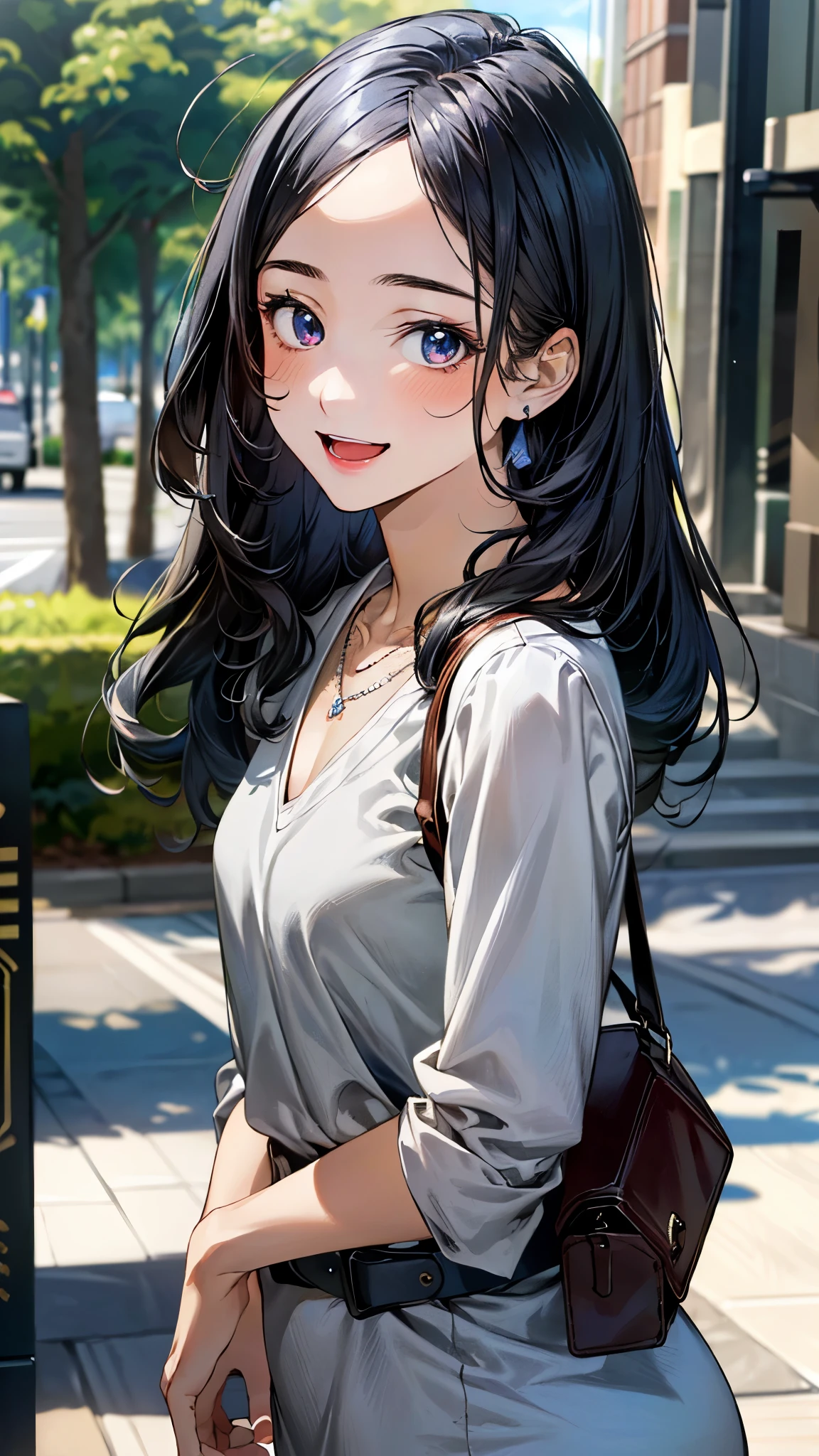(masterpiece:1.3, top-quality, ultra high res, ultra detailed), (realistic, photorealistic:1.4), beautiful illustration, perfect lighting, natural lighting, colorful, depth of fields,
beautiful detailed hair, beautiful detailed face, beautiful detailed eyes, beautiful clavicle, beautiful body, beautiful chest, beautiful thigh, beautiful legs, beautiful fingers,
looking at viewer, (face focus, upper body), 1 girl, japanese, high school girl, perfect face, (perfect anatomy, anatomically correct), cute and symmetrical face, babyface, , shiny skin,
(long hair:1.7, straight hair:1.0, dark blue hair), ((parted bangs, forehead)), , blue eyes, slant eyes, long eye lasher, (medium breasts:1.6, tight butt, seductive thighs), slender,
((gray v-neck dress, black belt, garnet necklace)), black shoulder bag,
(beautiful scenery), morning, (downtown), walking, (seductive smile, open mouth small),