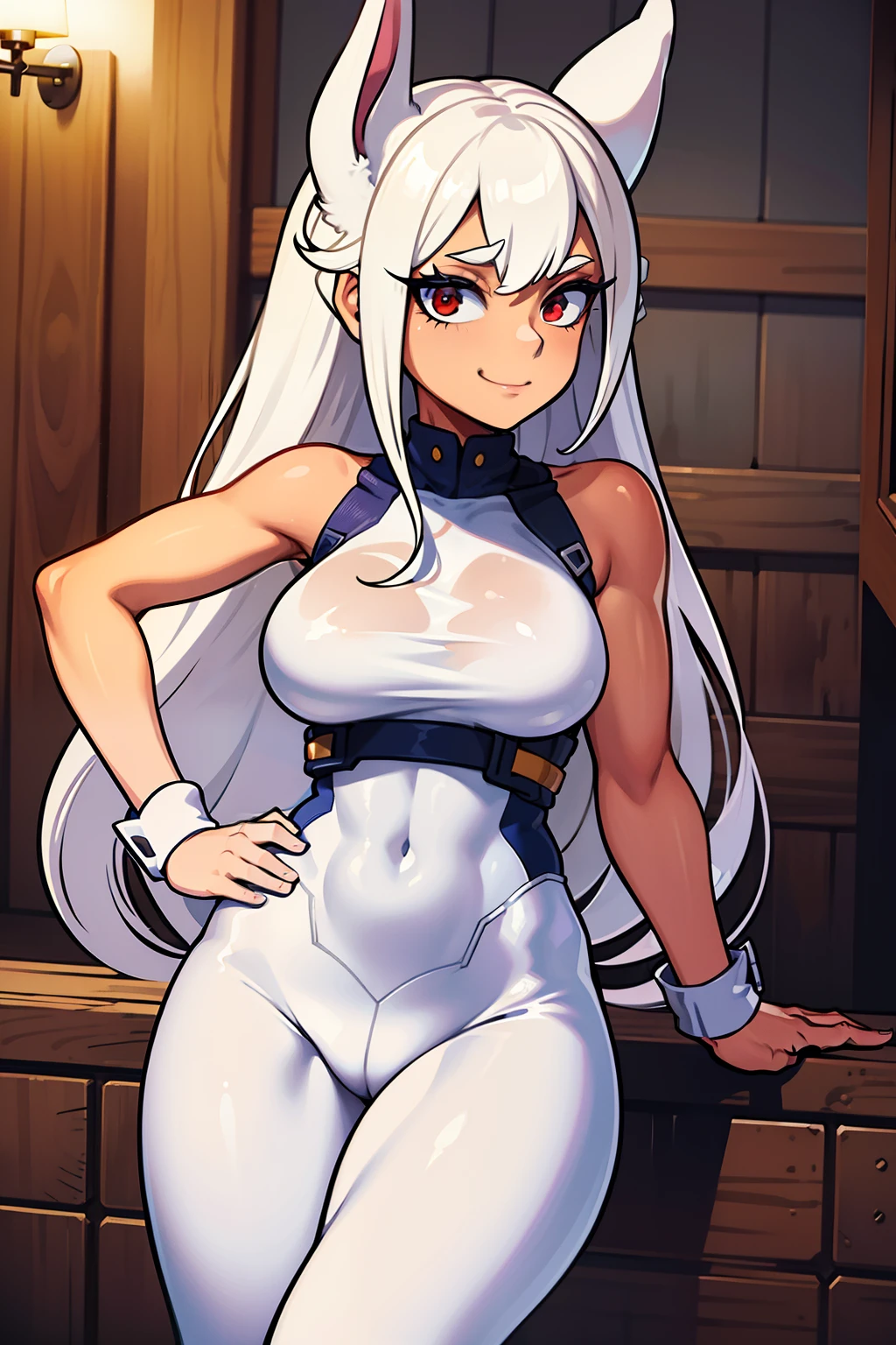 chicas lindas,ojos rojos redondos, cabello blanco、esta de espaldas,orejas de conejo,trasero grande,sexy、sonriendo,Peinado liso medio a largo、(tetas grandes,lleva unos leggins blancos,En una casa de alquiler,esta de espaldas,Noche,estaba lloviendo afuera,Upper body is wet..,cuerpo entero,lleva unos leggins blancos,lleva unos leggins blancos,lleva un top blanco