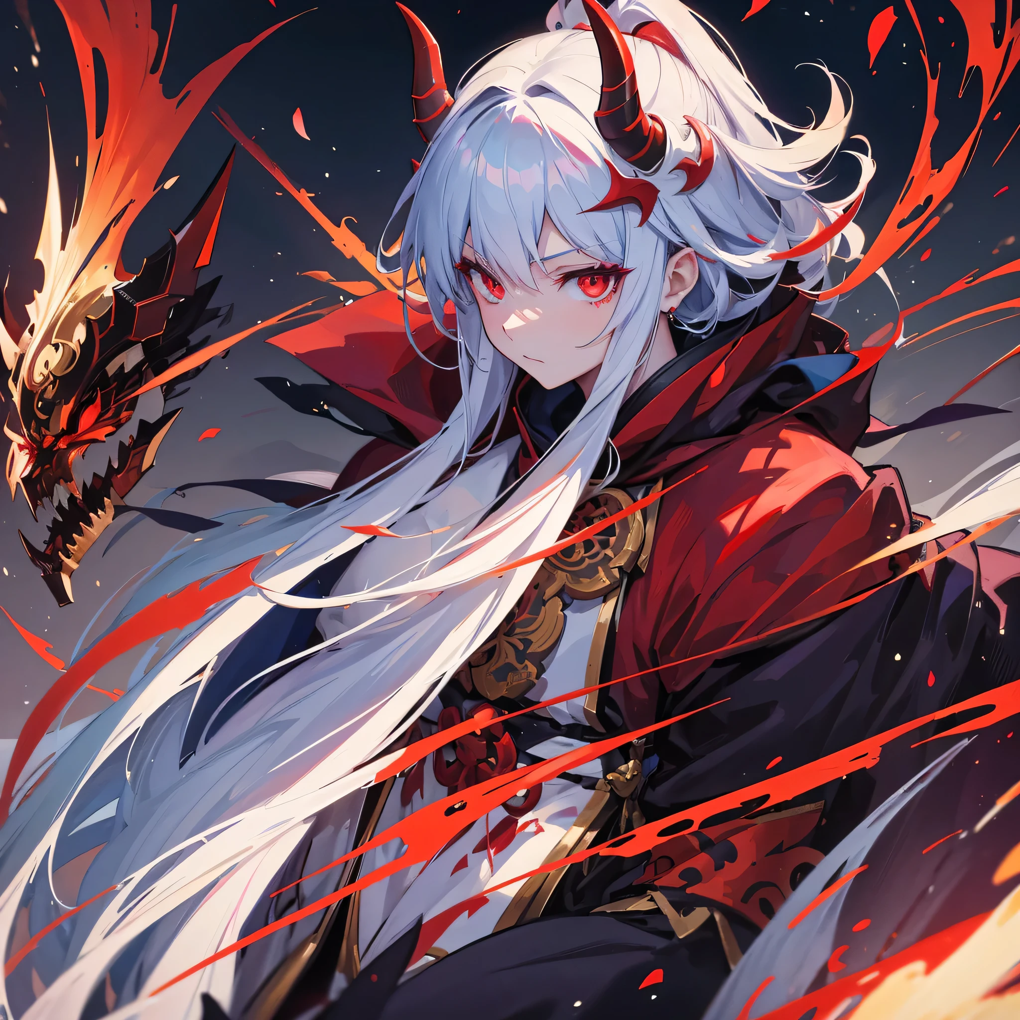 a close up of a demthemc looking demon with red eyes, demonwarrior, villain wearing a red them mask, demonwarrior warrior, them horns, demonwarrior mask, them mask, 带着demon面具的warrior, 黑牛warrior, them, 月牛warrior, Onmyoji portrait, warrior, Onmyoji Detailed Art,inhuman,demon
