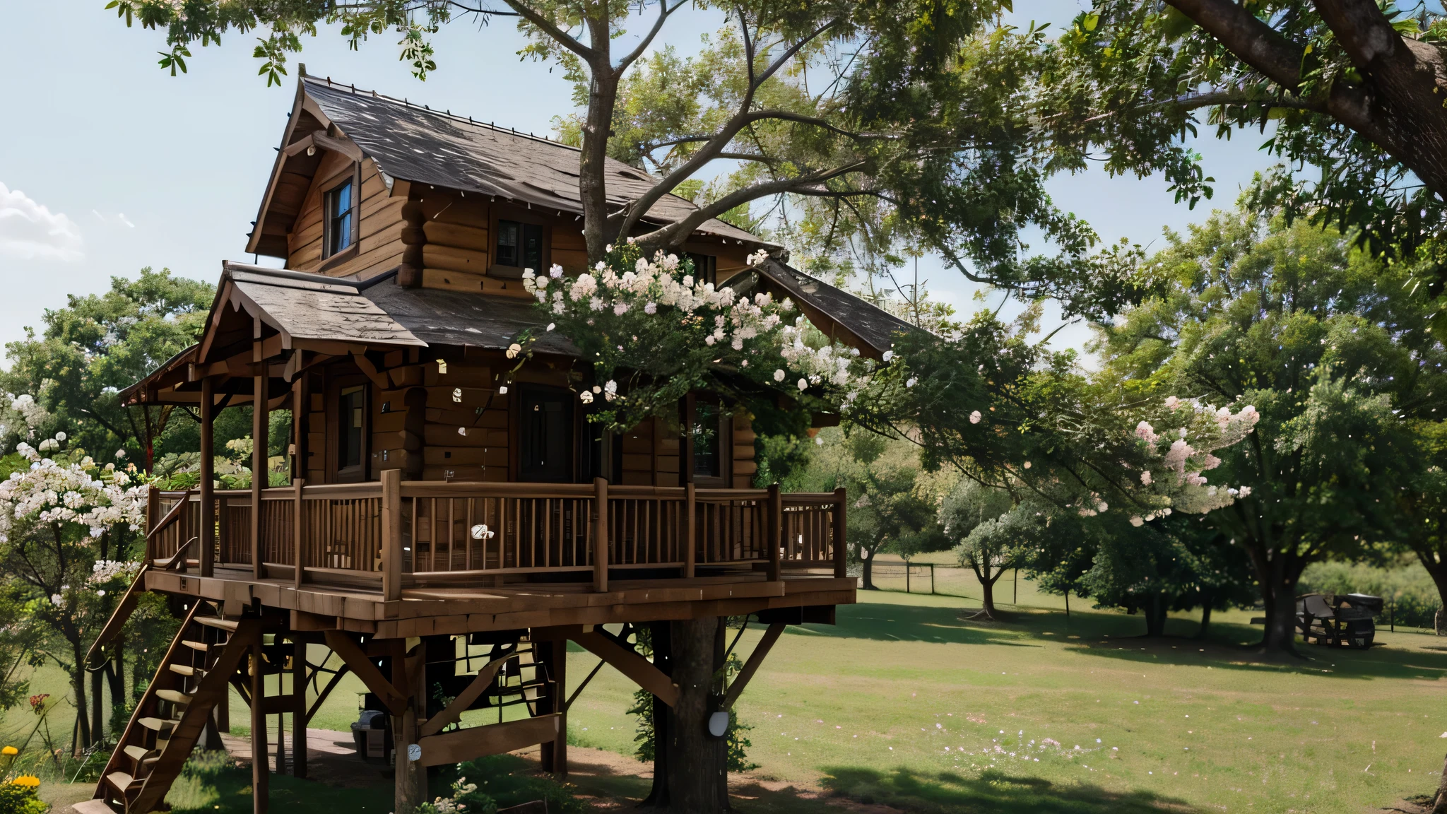 cabane dans les arbres avec des fleurs