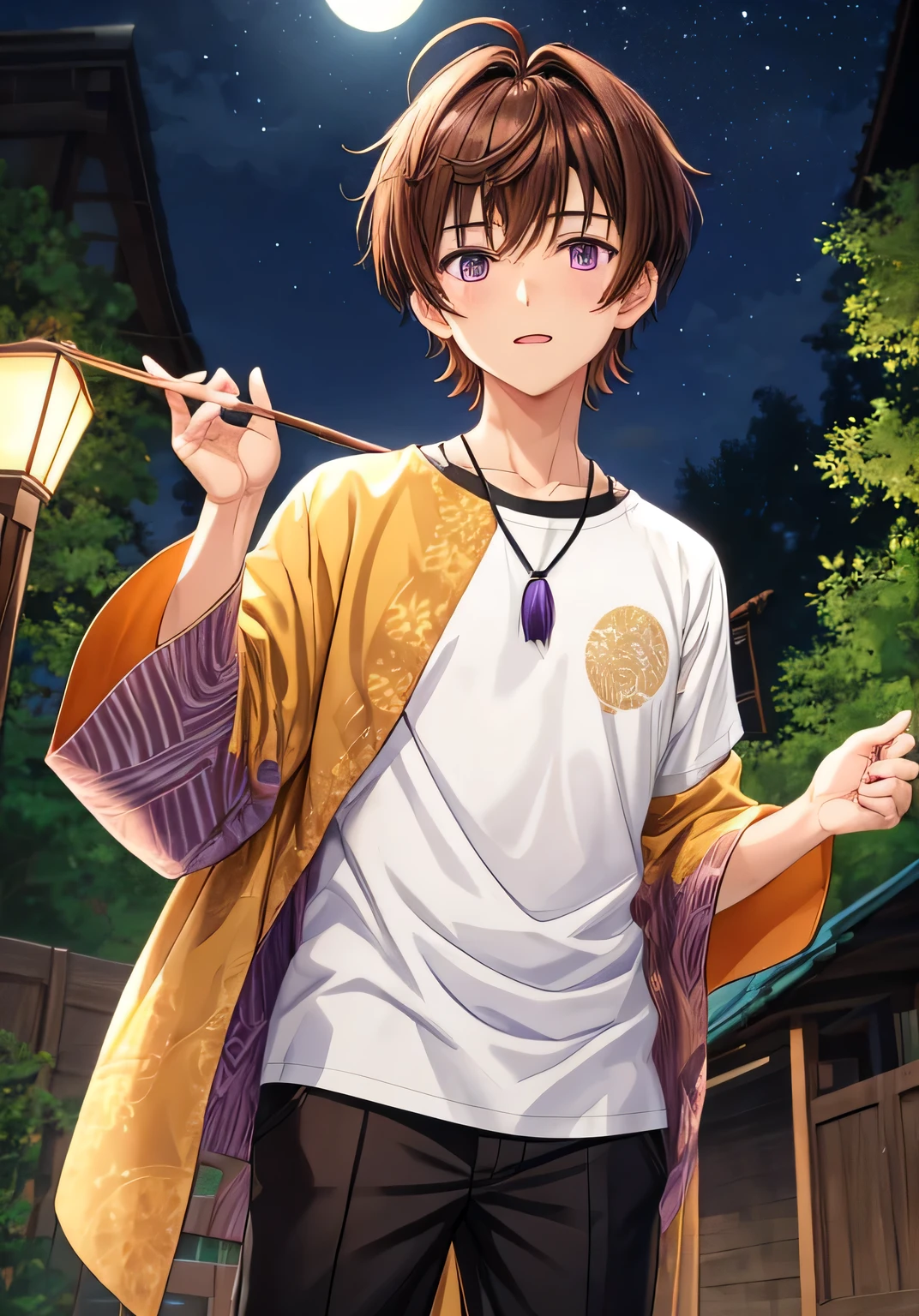 male, brown hair color and twin tail, short hair with bangs, purple eyes, with a brown batik with gold line, wearing brown batik, art style, as an anime boy character, subtle anime style, rin, handshome boy, fuul body, at night in forest with the moon, mythical background, wide, cool pose, standang up, wear trousers

