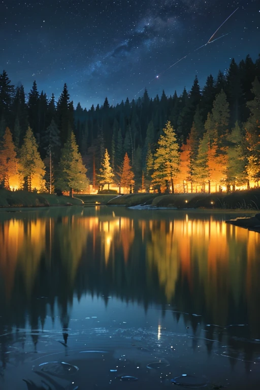 night、forest、lake surface、mirror、reflection、landscape