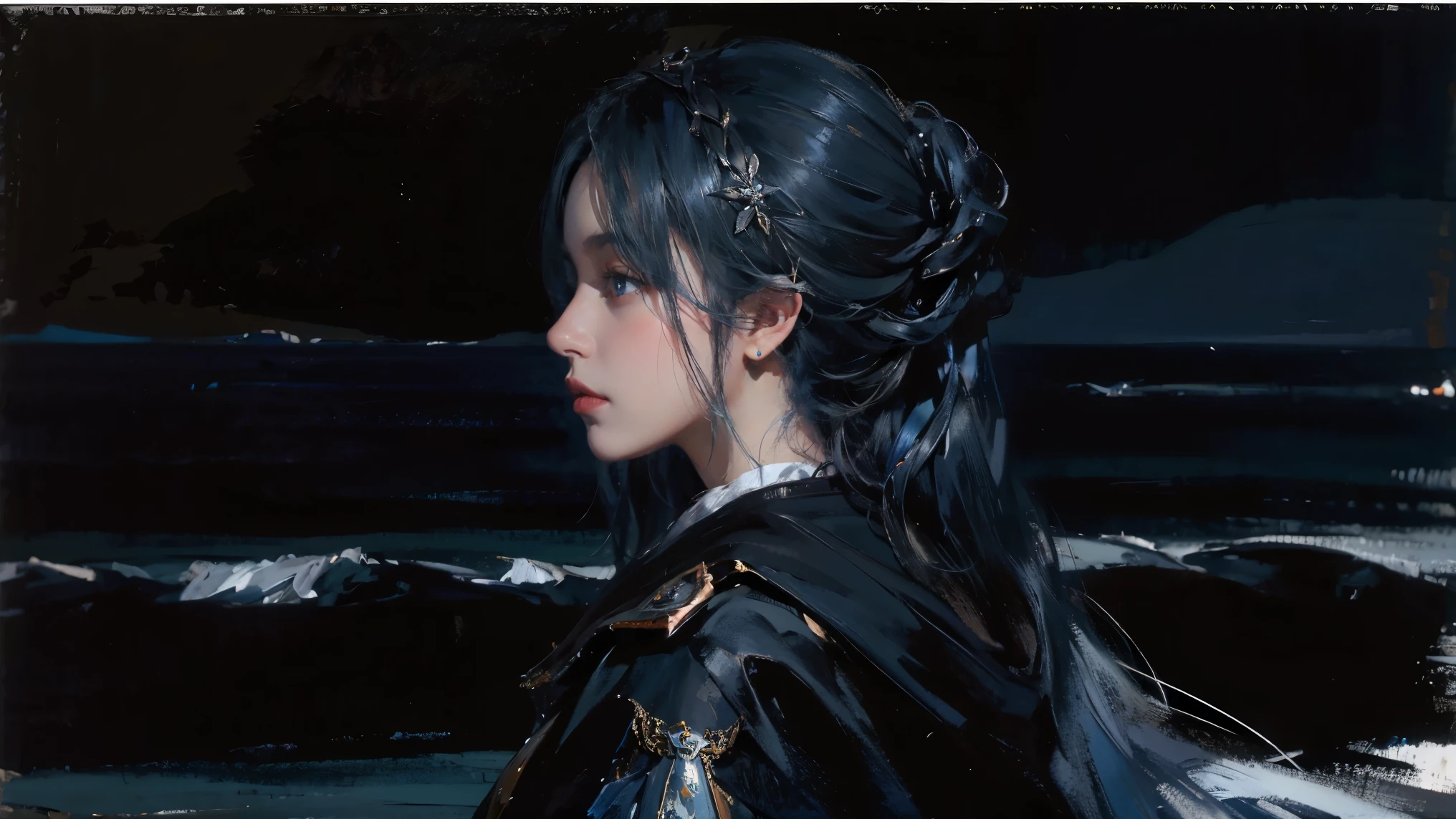dark，oil painting style，back view of a girl，blue hair，profile，The background is the sea，late night，exquisite eyes，fat face ，cloak