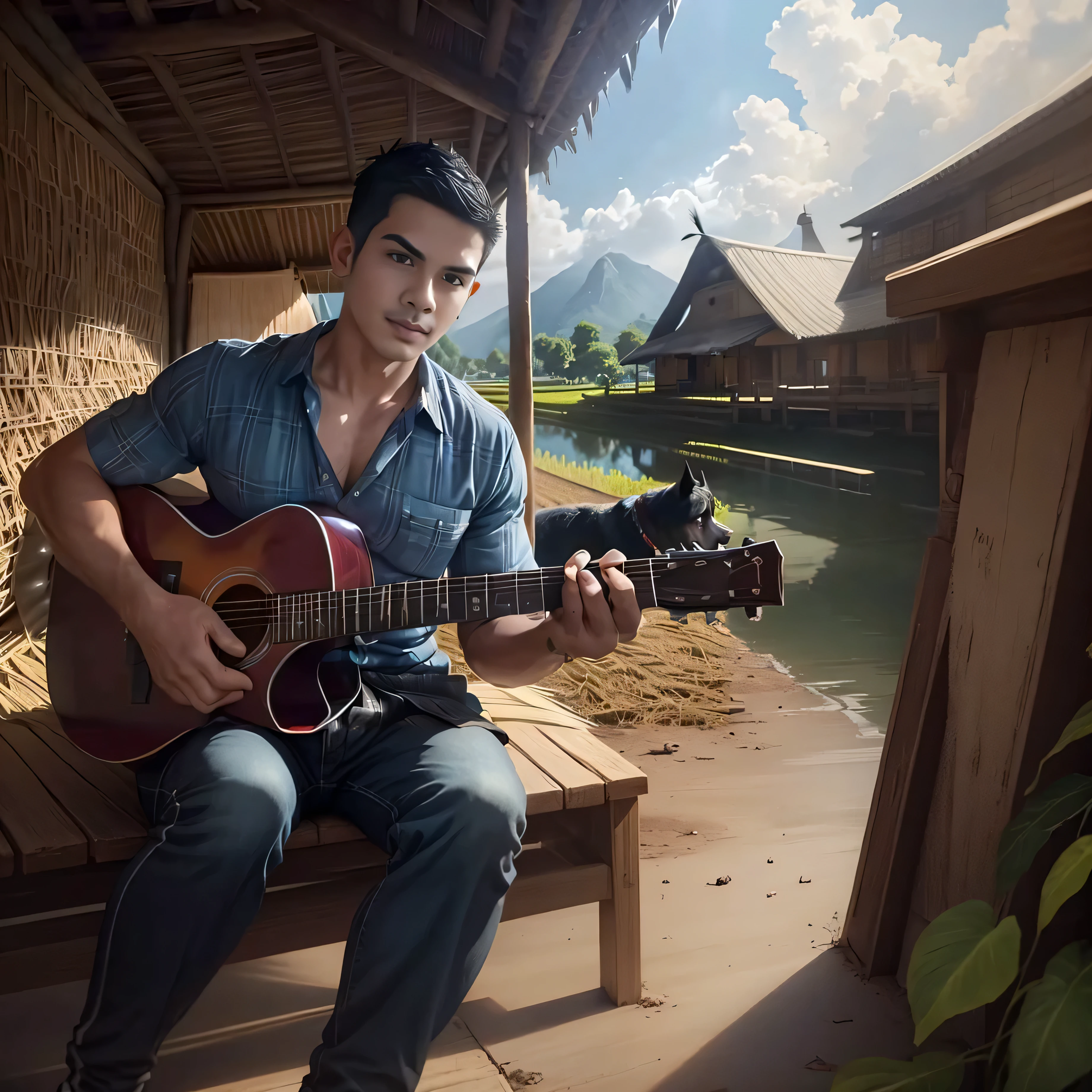 Araaf man is sitting on a bench Play Guitar with his dog nearby., inspired By Rudy Sisvanto, By Rudy Sisvanto, Thiti Luatthong, Ramil Sunga, of art, My name is Chandra.., Andrew Thomas Wang, Realism art, Rick Dai, guitarist, Matte portrait photography, traditional art, musician, Play Guitar