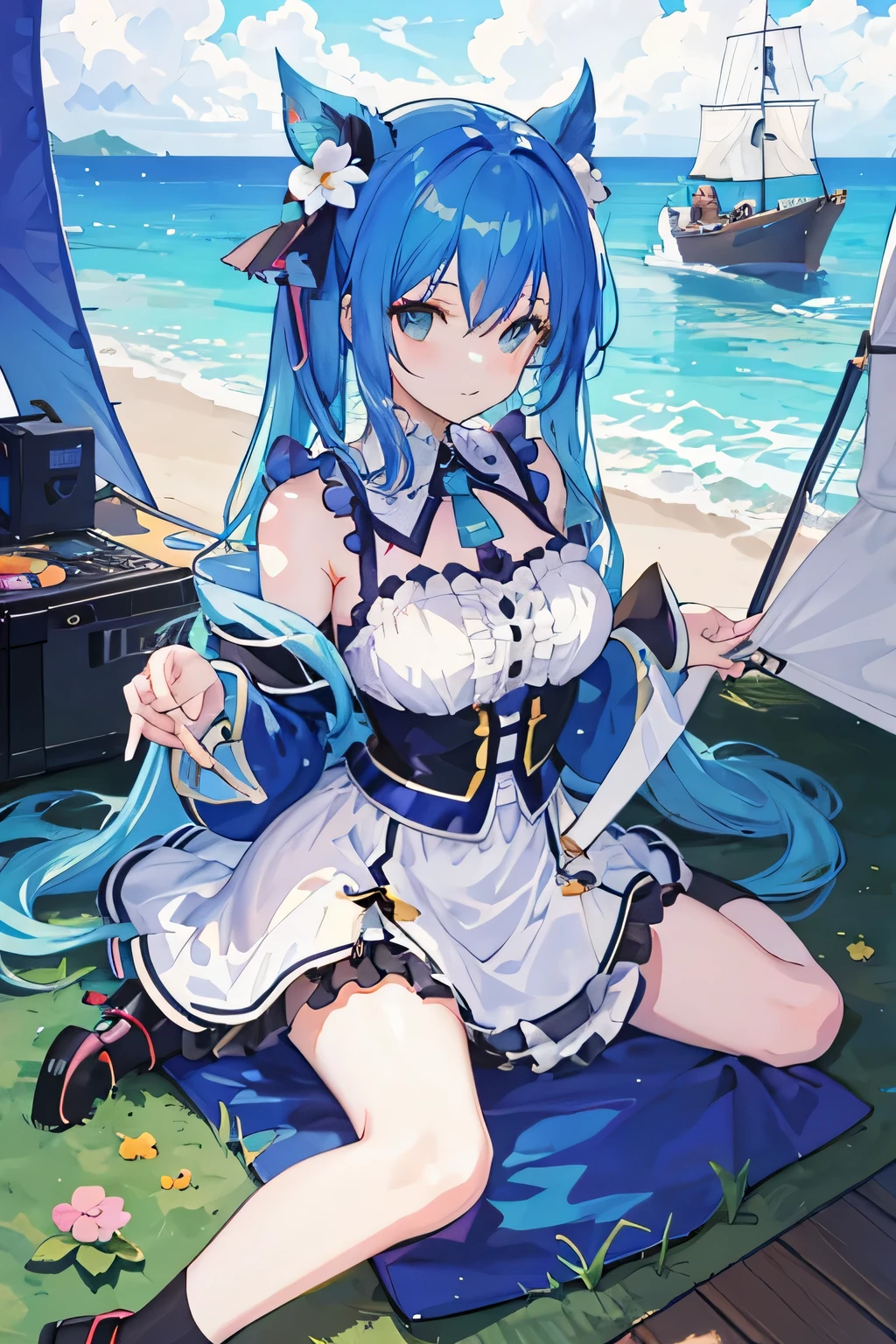 Close-up of a man sitting on a carpet near the beach, , Anime cute art style, fleet collection style, azure lane style, change, from《azure lane》video games, Cute anime waifu wearing nice clothes, Water of Conosuba, mikudayo, official artwork, splash art anime change, wear clothes
