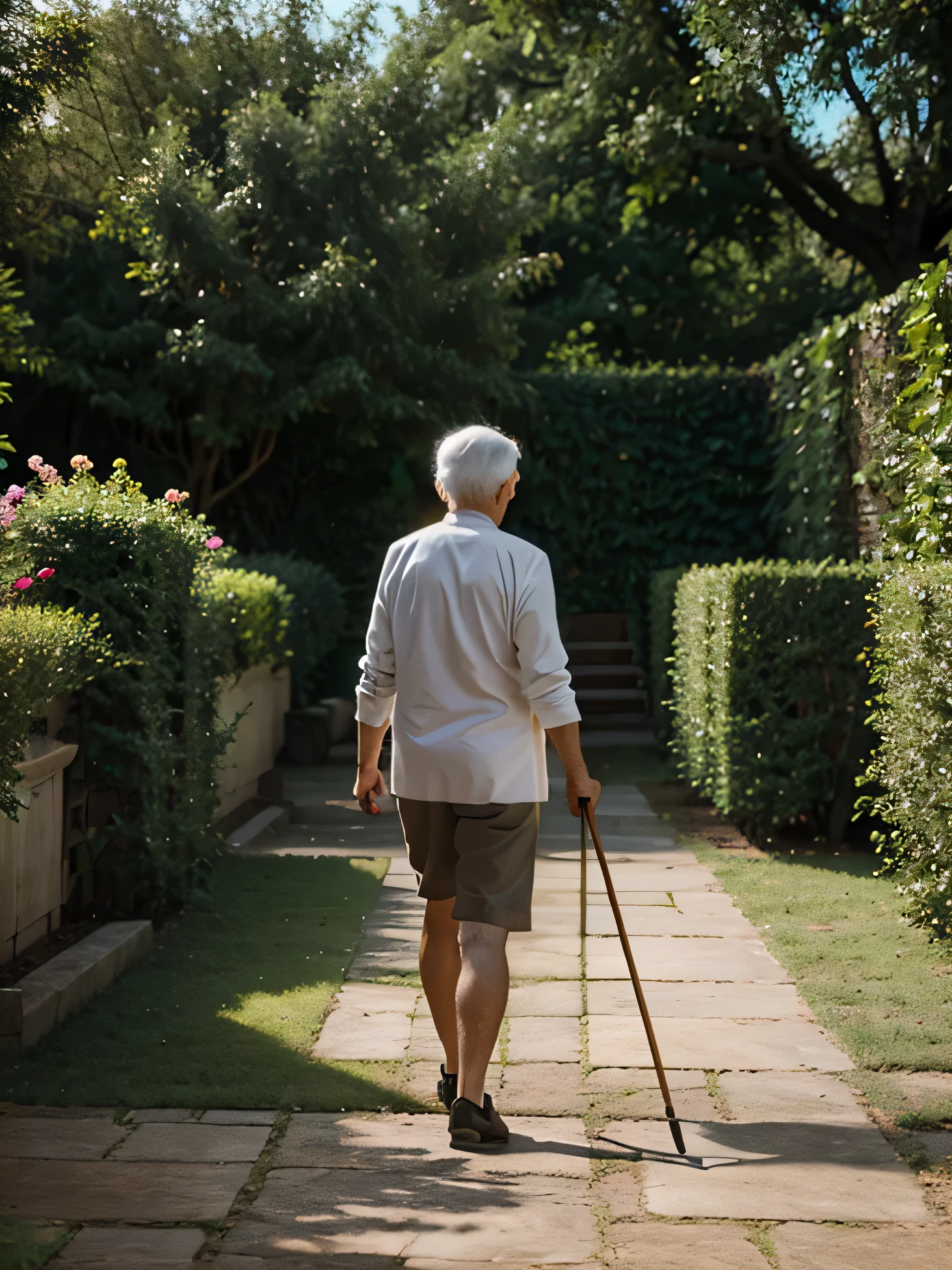 A seventy years old walking with a stick in a garden