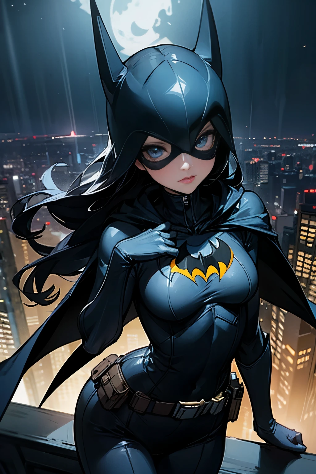 [1 girl (batgirl) 1.2] (night sky, cityscape, Gotham City Background) [reality 0.8] [3D0.9] [mask, long hair, blue eyes, tight suit, chest, cape, ドミノmask, belt, medium breasts, superhero, mitt, lips, black bodysuit, Helmet, belt buckle, horn, One_Print, Pouch) 1.1] [crooked (tight waist, 大きなchest) 1.2] [grade 1.1]