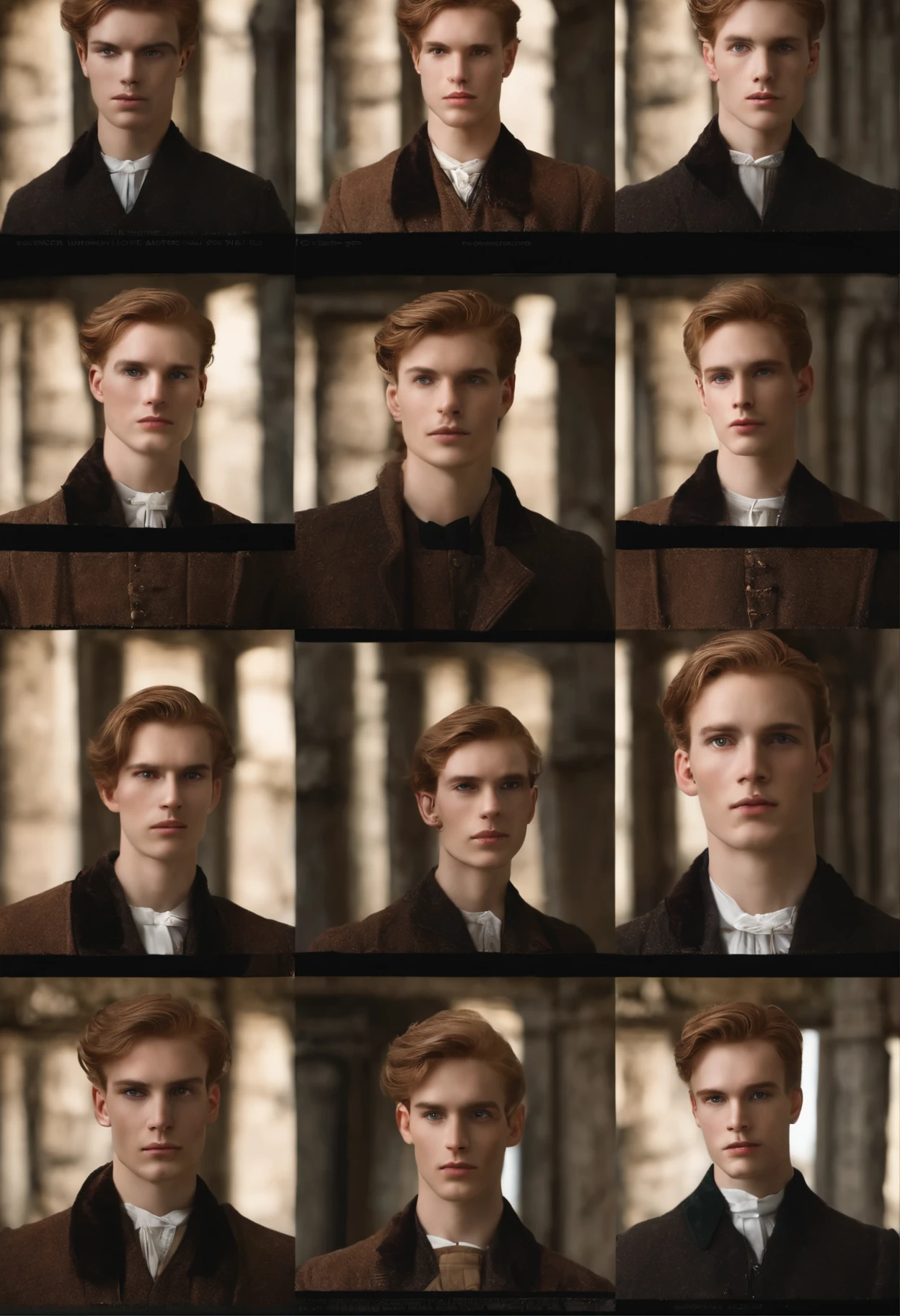A white 23 year old man with slightly wide green eyes, a long perfect and very pointy nose with freckles, a natural blushing cheeks. Auburn hair, hair equaly split into two, long sideburns, old styled sideburn from th 1840s, white skin and long eyebrows eyebrows but not that long, noticeable eyelashes reminiscent of freckles and extremely soft hair. high qualiy. its a 23 year old, small forhead, thin lips and naturally redish, majestic green eyes with noticeable lashes, averagely long chin, eyebrows a little furrowed, slanted smile, naturally big eyes, nose perfectly straight, long and pointy,