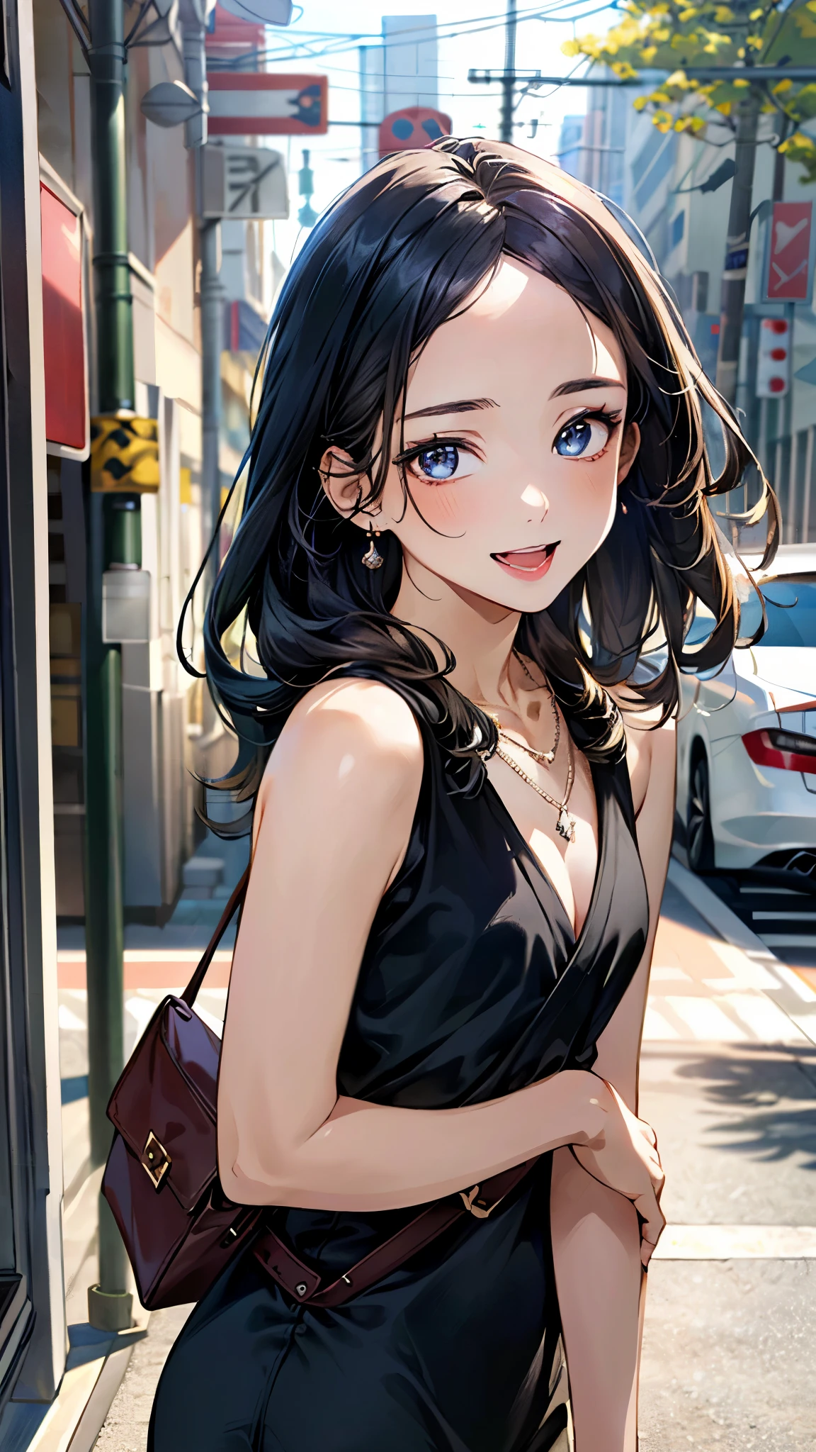 (masterpiece:1.3, top-quality, ultra high res, ultra detailed), (realistic, photorealistic:1.4), beautiful illustration, perfect lighting, natural lighting, colorful, depth of fields, 
beautiful detailed hair, beautiful detailed face, beautiful detailed eyes, beautiful clavicle, beautiful body, beautiful chest, beautiful thigh, beautiful legs, beautiful fingers, 
looking at viewer, (face focus, upper body), 1 girl, japanese, high school girl, perfect face, (perfect anatomy, anatomically correct), cute and symmetrical face, babyface, , shiny skin, 
(long hair:1.7, straight hair:1.0, dark blue hair), ((parted bangs, forehead)), , blue eyes, slant eyes, long eye lasher, (medium breasts:1.6, tight butt, seductive thighs), slender, 
((black v-neck dress, black belt, garnet necklace)), black shoulder bag, 
(beautiful scenery), morning, (downtown), walking, (seductive smile, open mouth small), 