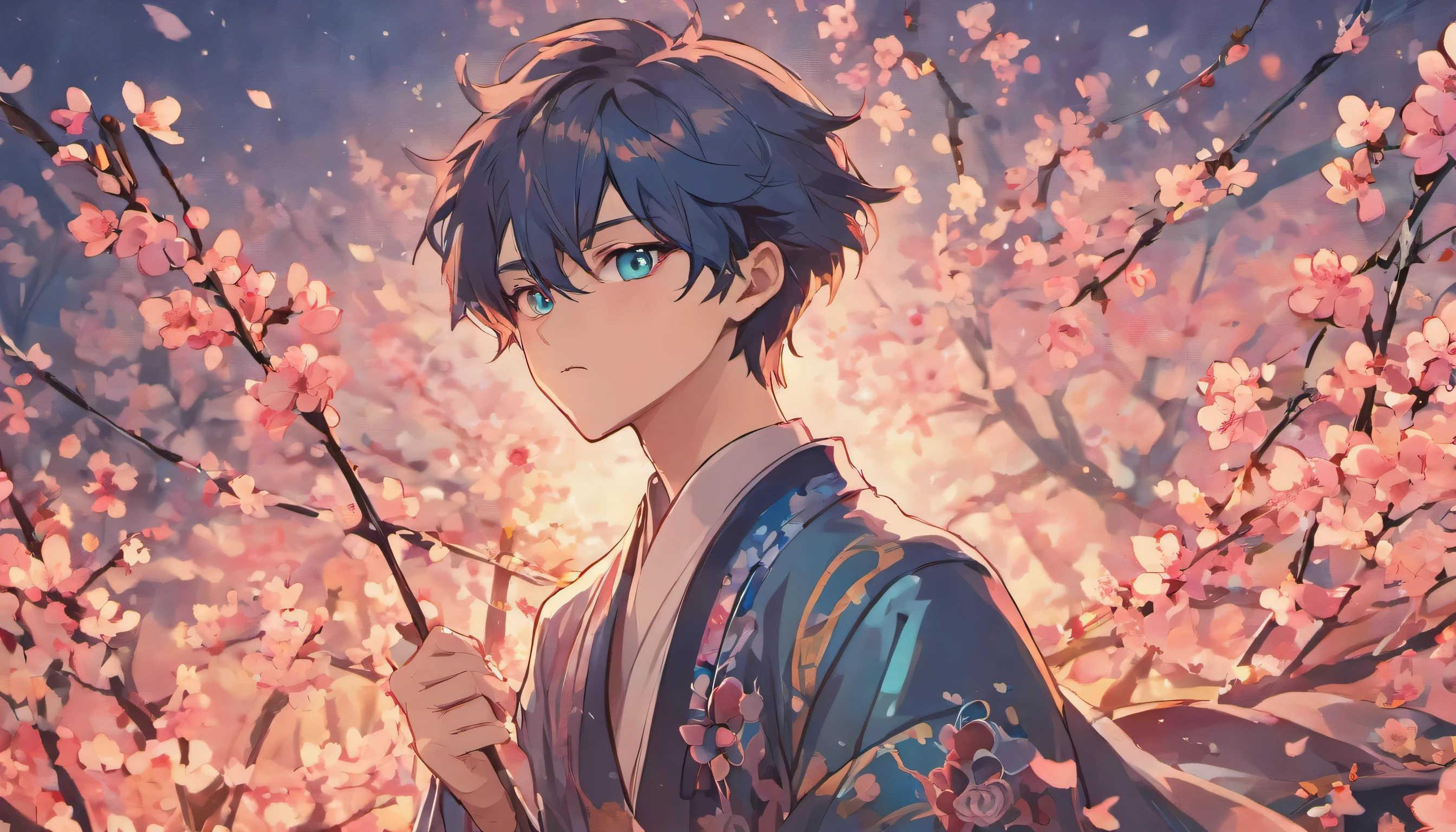 amazing, elegant, virtual youtuber, attractive, anime boy, blue eyes, (big, clear eyes:1.3), navy hair, inspired by Okumura Masanobu, inspired by Okumura Togyu, Cartoon illustration of a boy, young anime man, Animation Moe Artstyle, male anime character, 2D animation style, illustration, inspired by Okumura Masanobu, inspired by Okumura Togyu, panorama, japanese style building, mountain, light turquoise, dark pink, vibrant, eye-catching, Traditional Animation, dynamic movement, Cherry Blossom, shaking tree, layered image, travel, adventure, immersive, vintage charm, classic japanese art work, Contemporary Aesthetics, virtual personality.