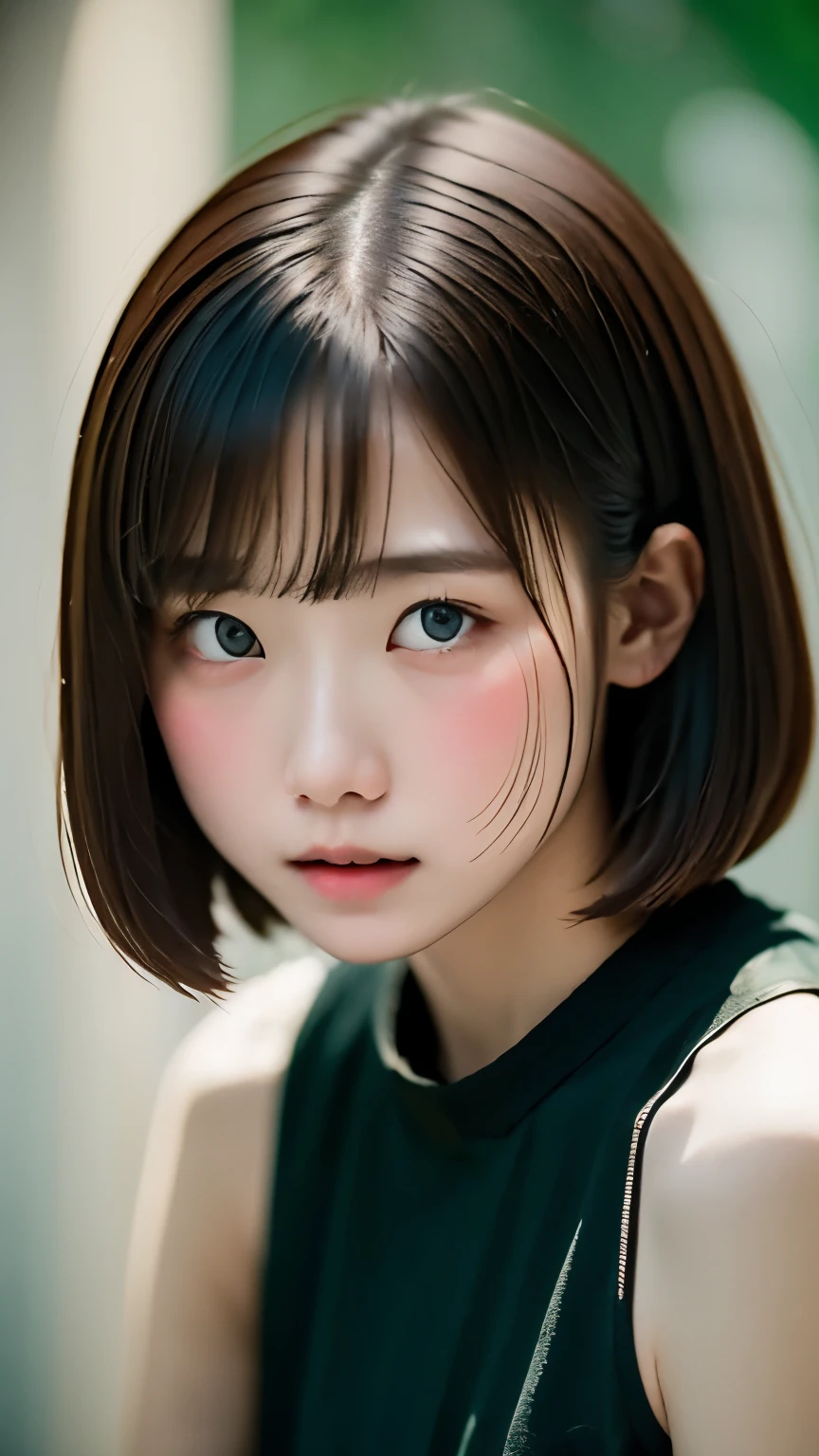 highest quality, (dramatic lighting:0.7), masterpiece, high angle shot, raw photo of (21 year old woman with short pale hair, look up at the audience), cute, (Wearing tattered combat fatigue, confused), (Sitting in the tank), portrait, perfect face, enchanting eyes, vivid details, (very detailed肌), software, (bluish:0.6), (dirty:0.8), (Bloodstained:0.7), key lighting, (Backlight:0.5), medium depth of field, Photographed with Canon 5D, 50MM lens, f/4 apertures, (very detailed, intricate details), sharp focus, calm colors, 8K, confused, 8mm film grain, War Photos